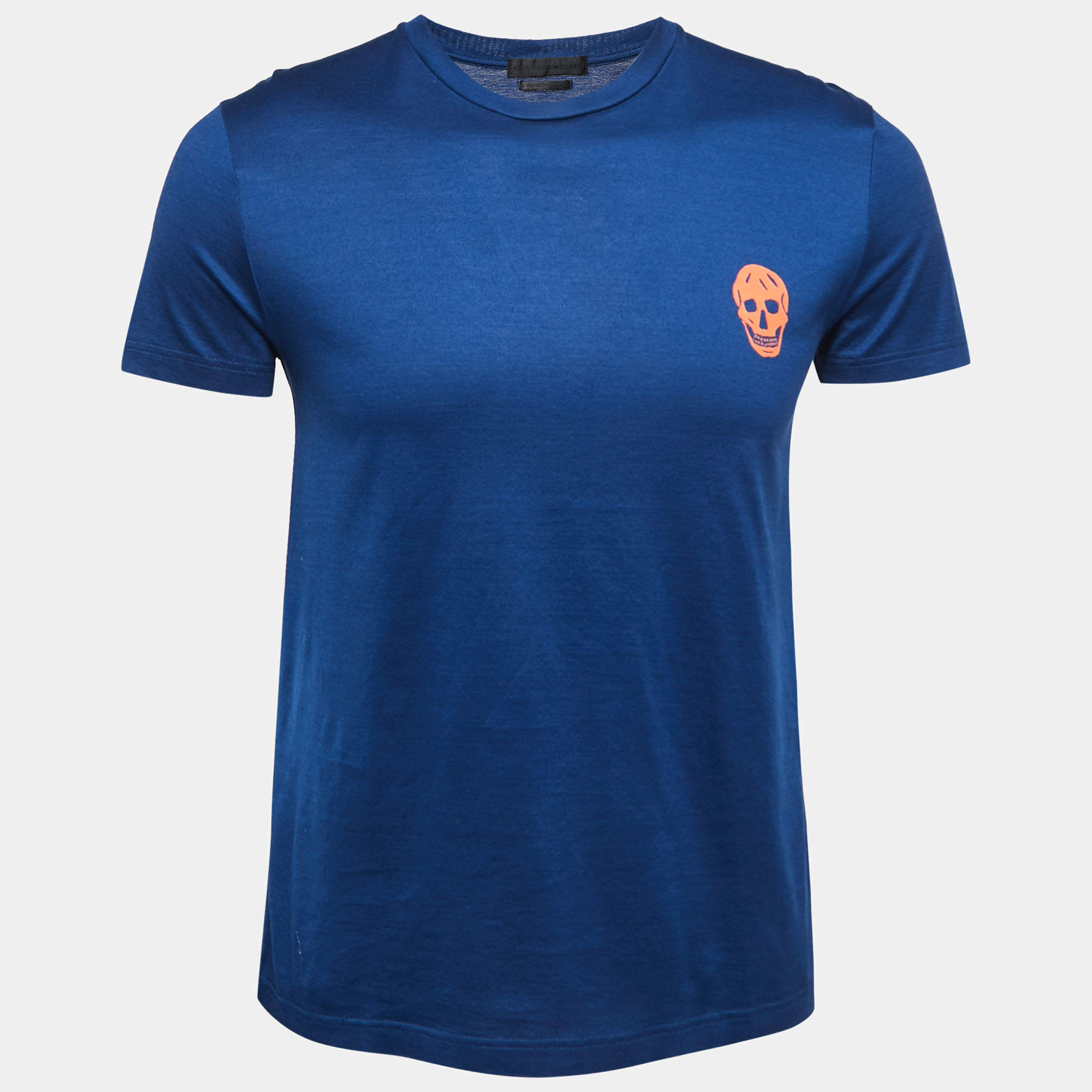 Pre Owned Alexander McQueen Blue Skull Print Cotton Crew Neck T-Shirt S