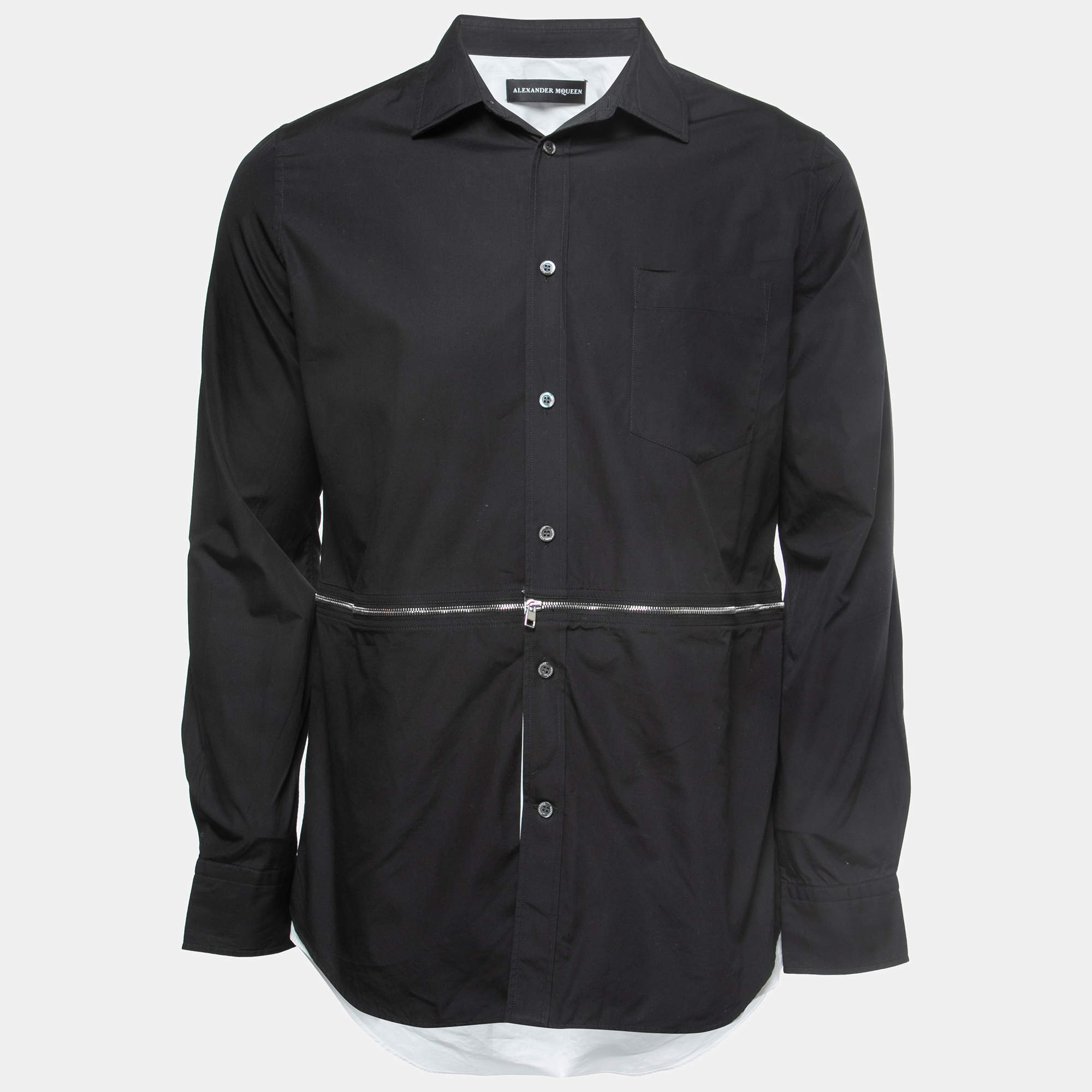 Pre Owned Alexander McQueen Black Cotton Zip Detail Button Front Full Sleeve Shirt L