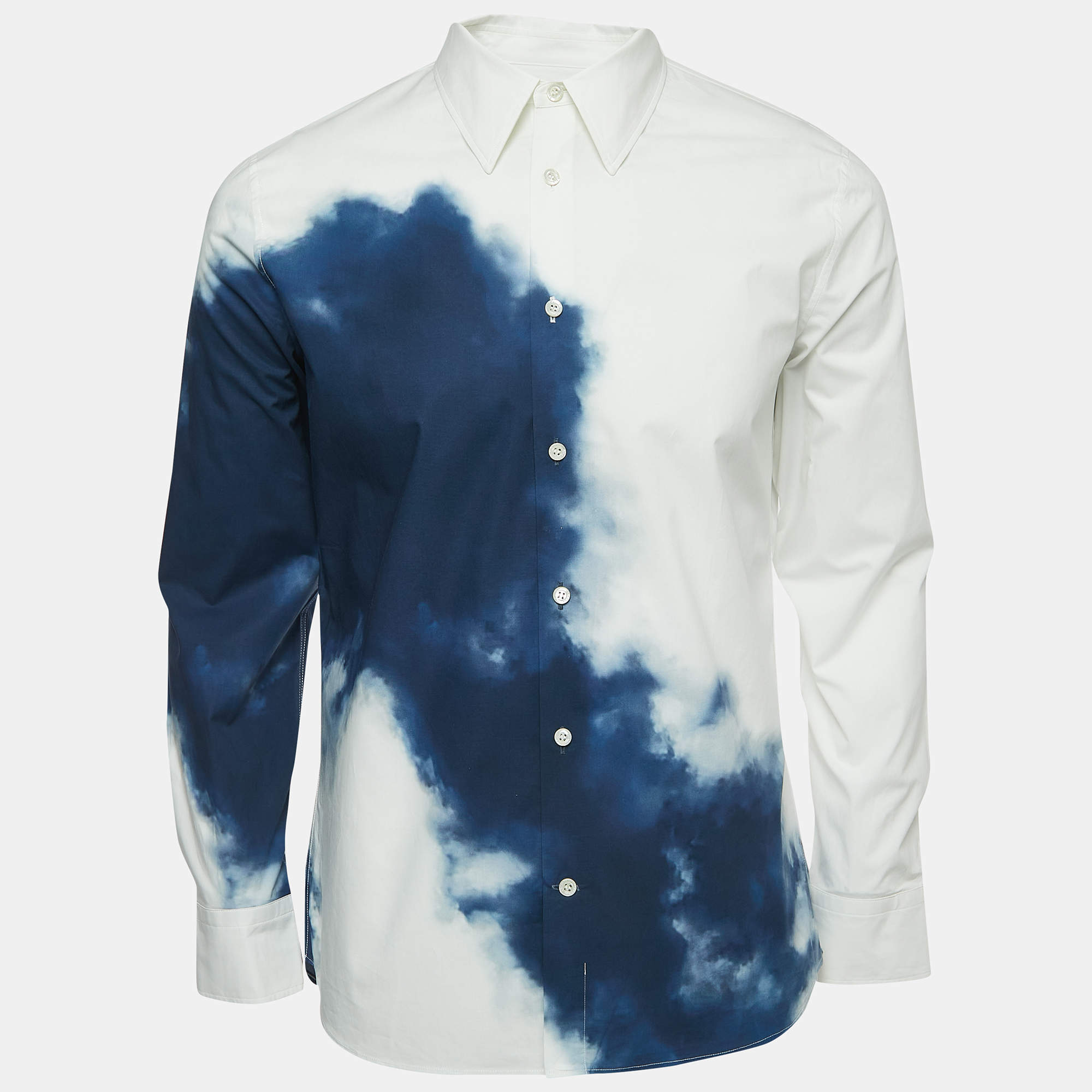 Pre Owned Alexander McQueen White/Blue Tye-Dye Print Cotton Shirt M