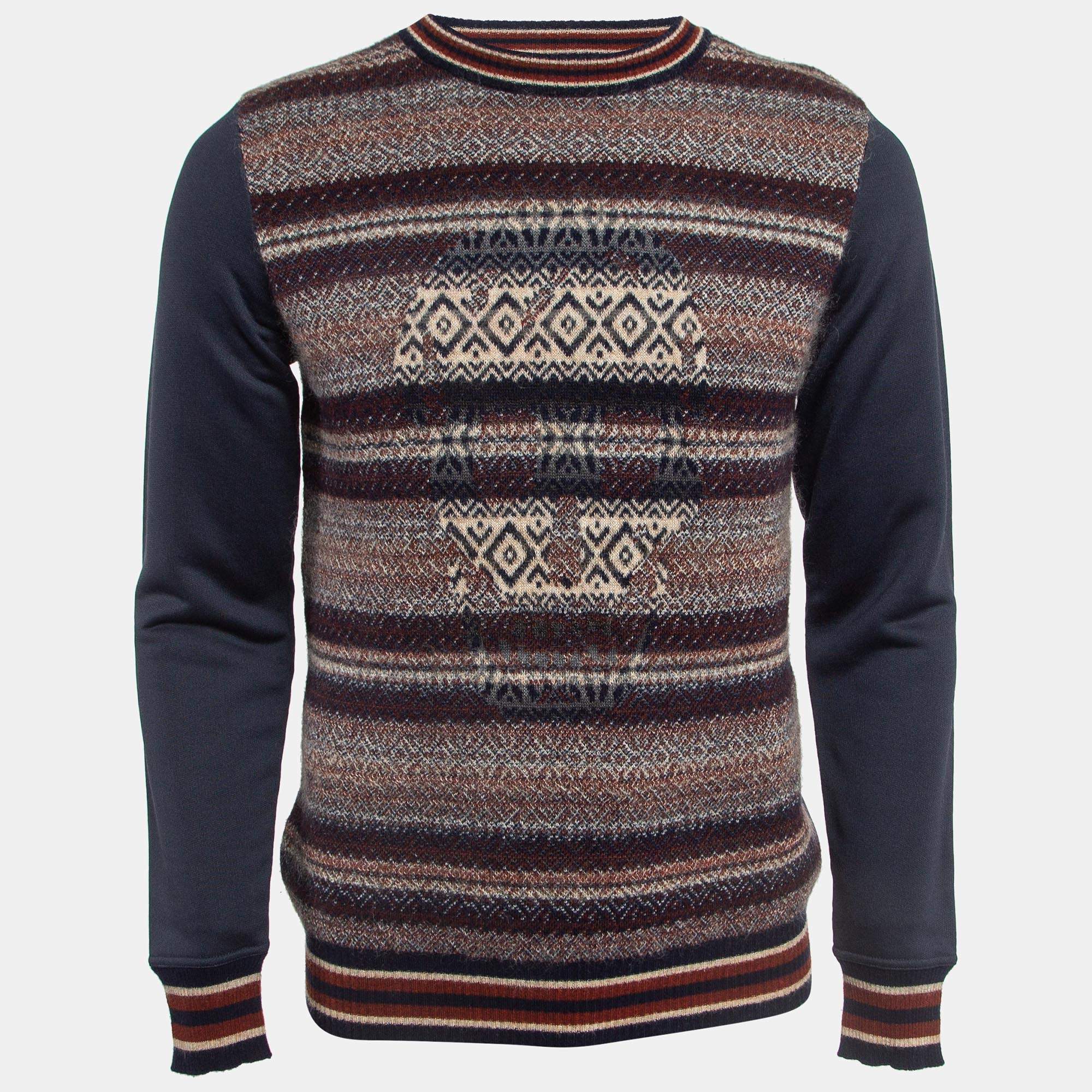 Pre Owned Alexander McQueen Navy Blue/Brown Stripe Intarsia Knit Crew Neck Sweater M