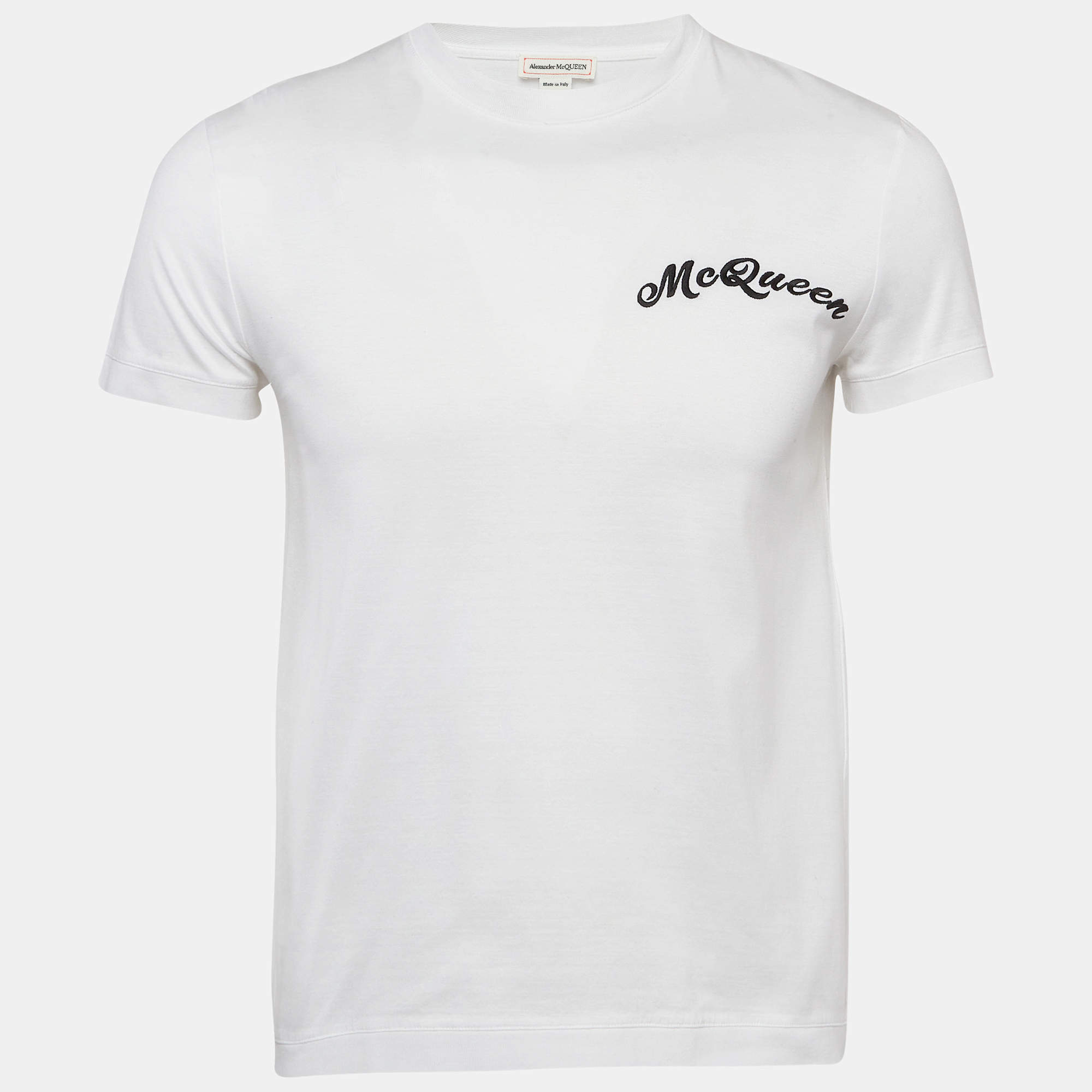 Pre Owned Alexander McQueen White Logo Embroidered Cotton T-Shirt S