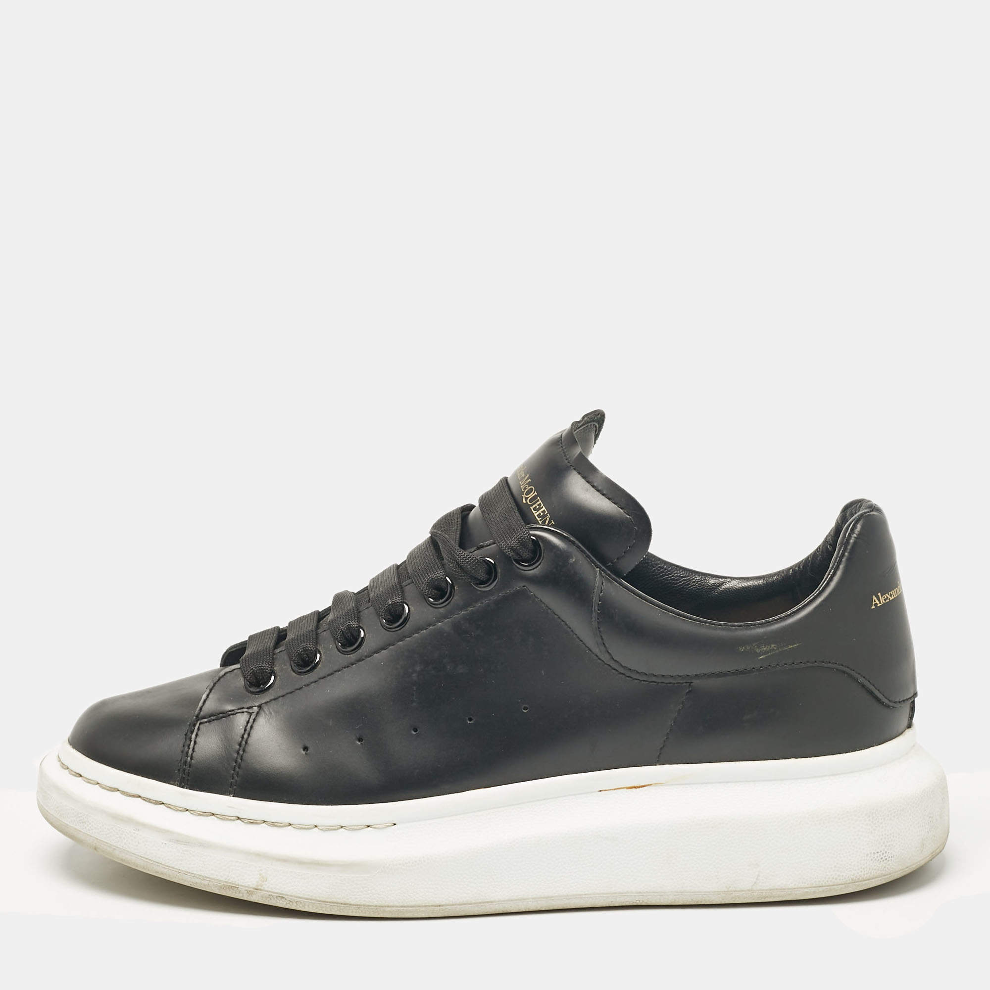 Alexander McQueen Black Leather Oversized Lace Up Sneakers Size 44.5