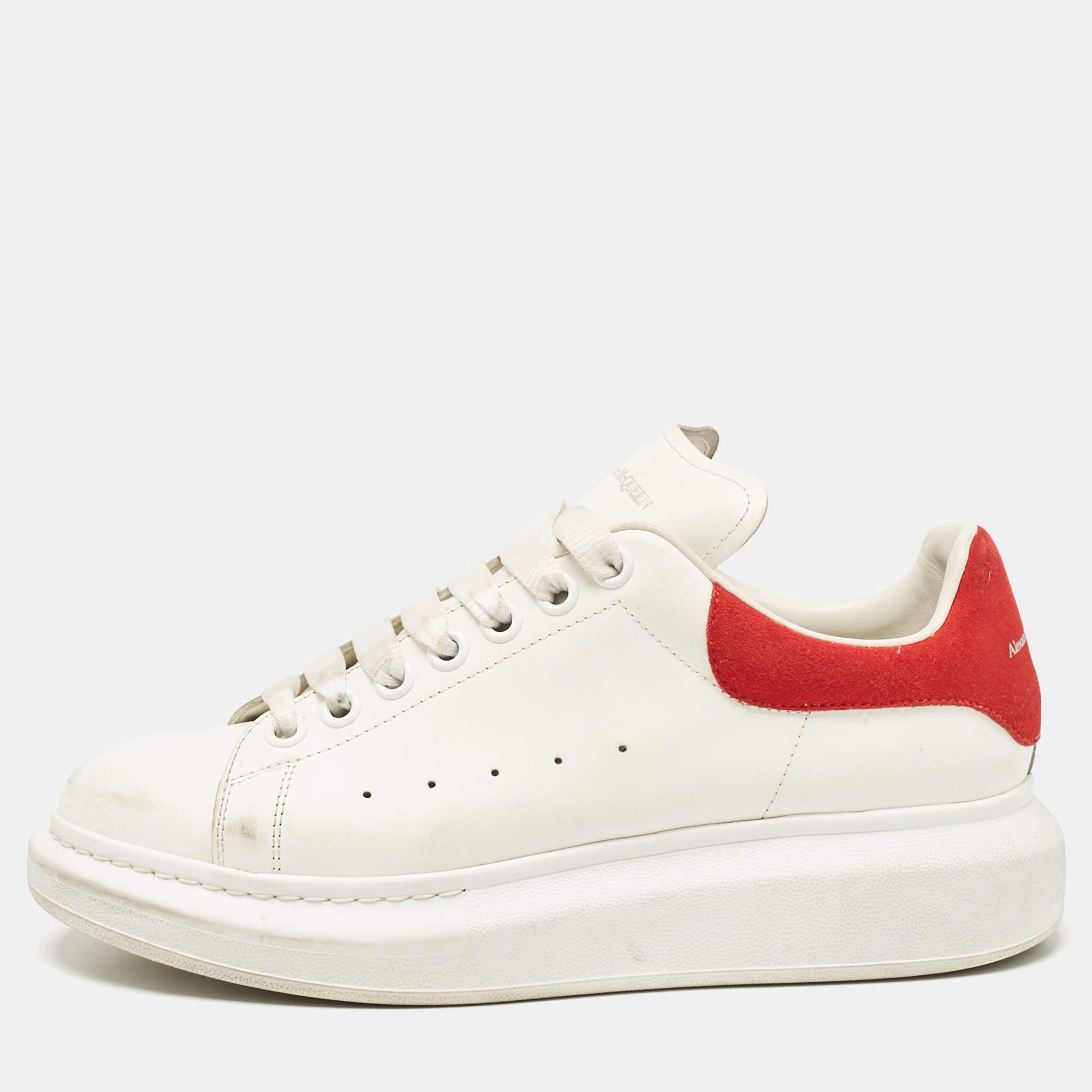 Alexander McQueen White/Red Leather and Suede Oversized Sneakers Size 40