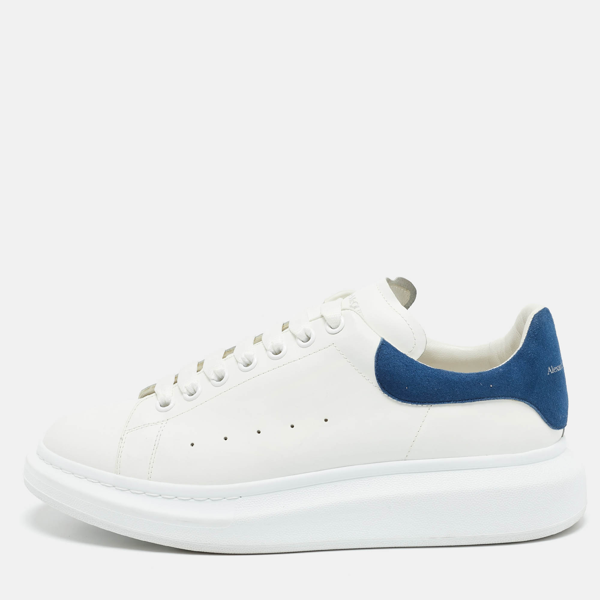 Pre Owned Alexander McQueen White/Blue Leather and Suede Oversized Lace Up Sneakers Size 44.5