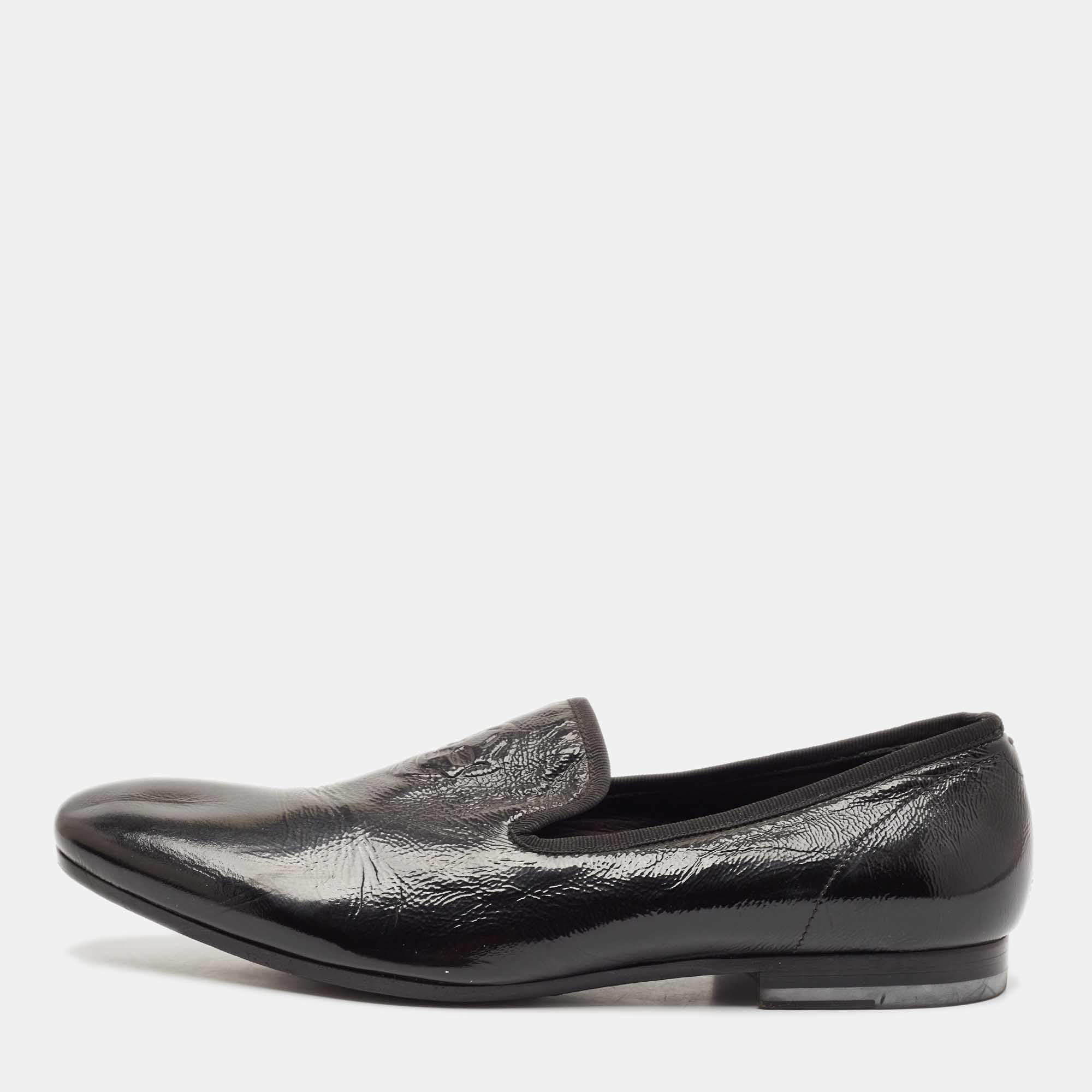 Alexander McQueen Black Patent Leather Skull Embossed Detail Smoking Slippers Size 44