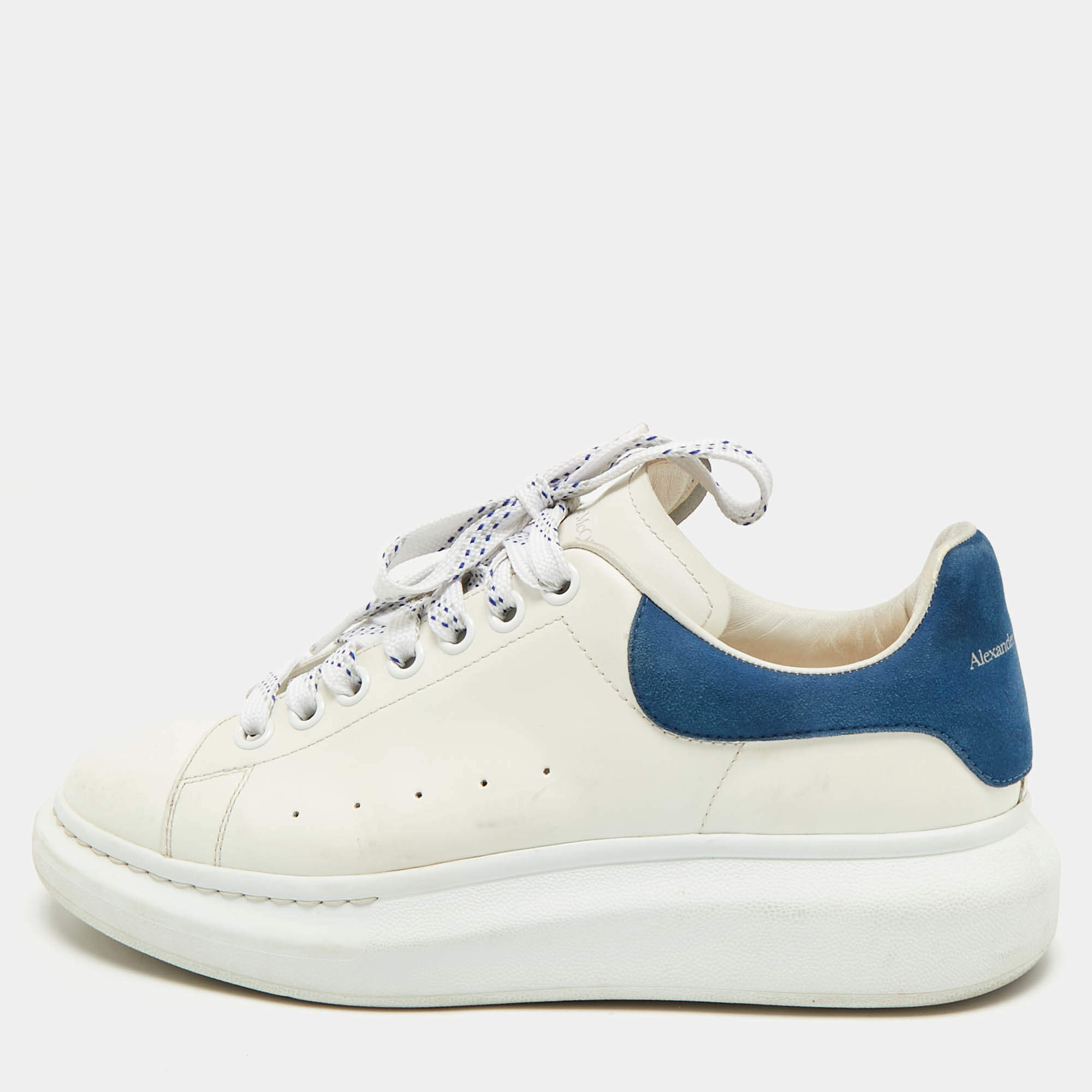 Pre Owned Alexander McQueen White/Blue Leather and Suede Oversized Lace Up Sneakers Size 41