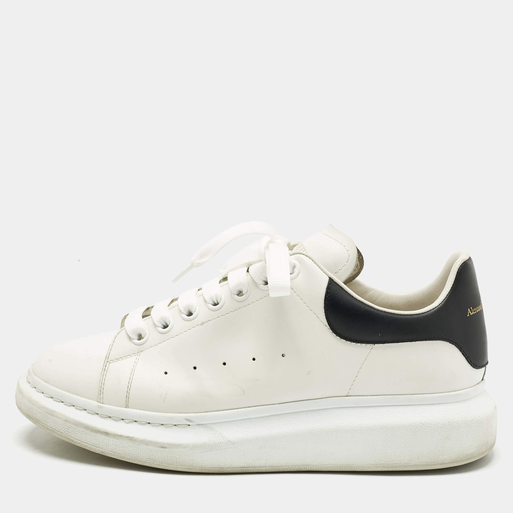 Pre Owned Alexander McQueen White/Black Leather Oversized Lace Up Sneakers Size 42.5