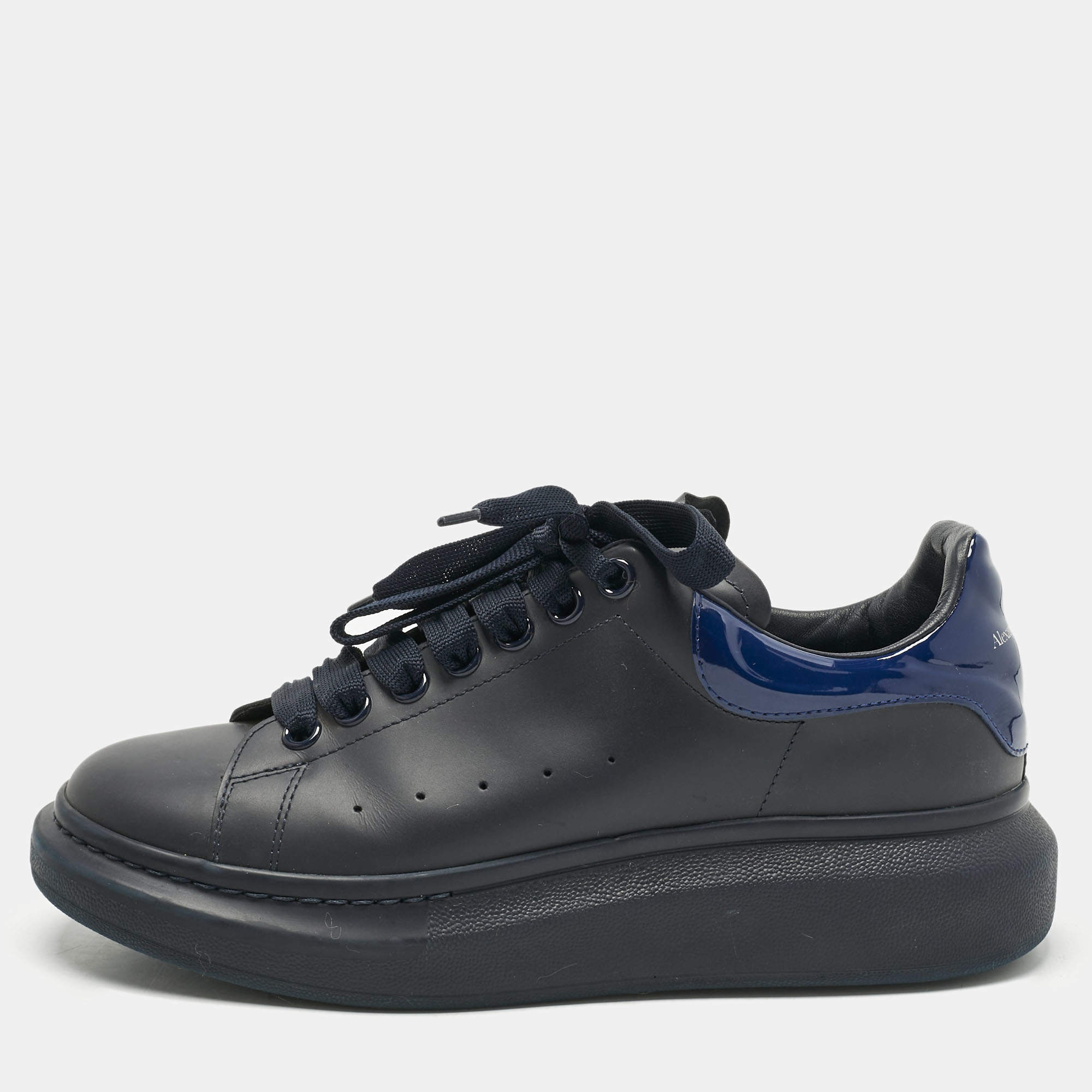 Pre Owned Alexander McQueen Navy Blue Leather and Patent Leather Oversized Lace Up Sneakers Size 40