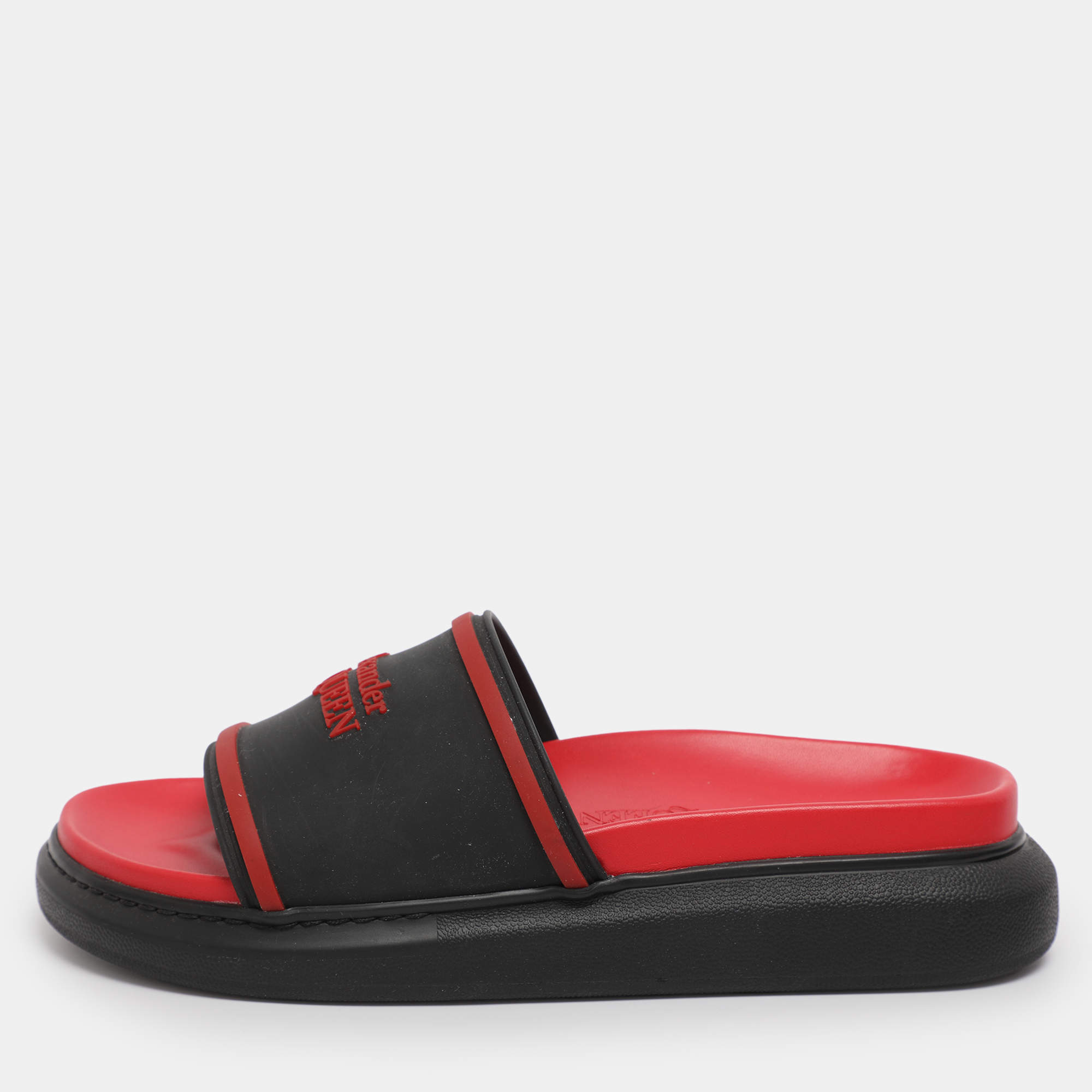 Pre Owned Alexander McQueen Black/Red Rubber Hybrid Slide Sandals Size 39