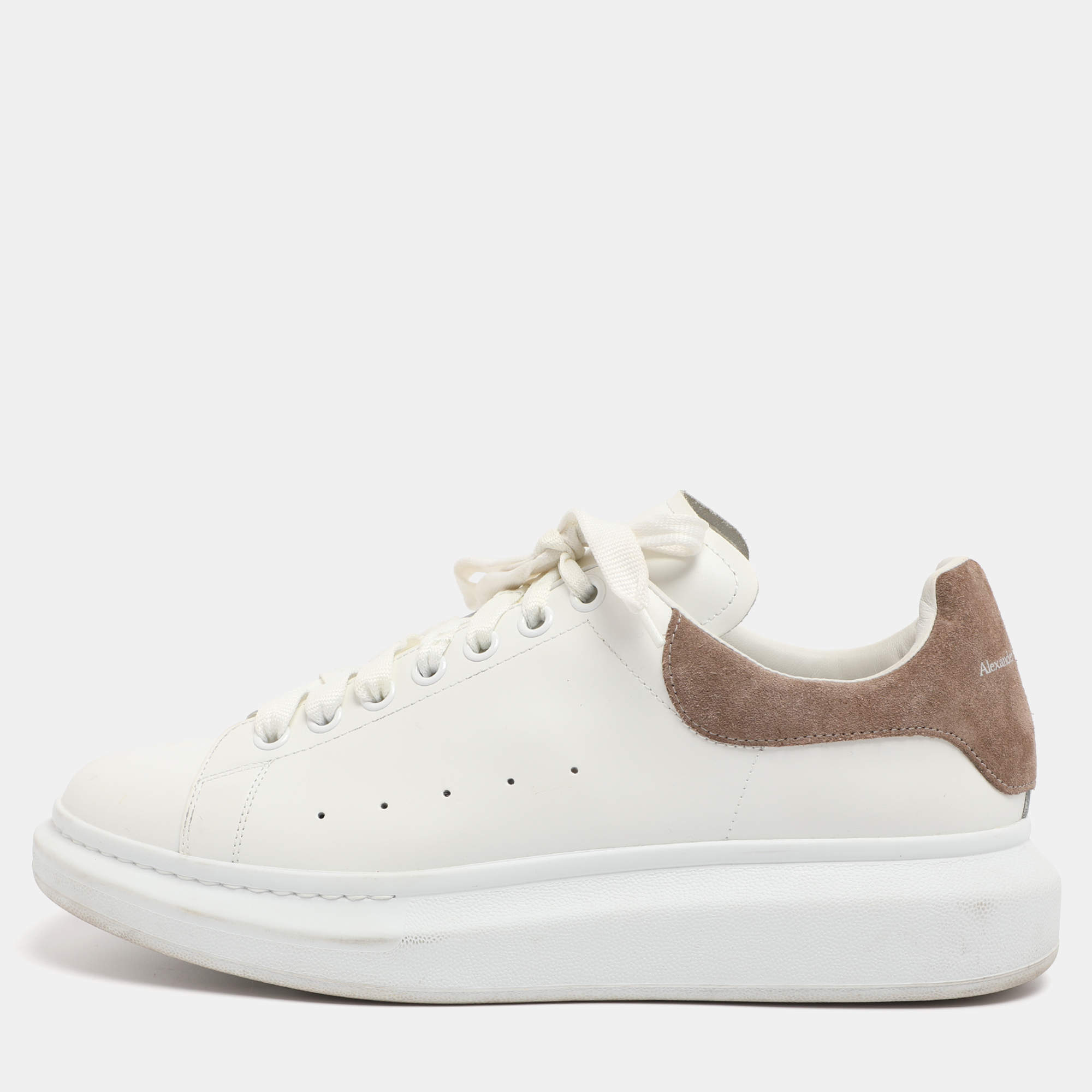 Pre Owned Alexander McQueen White/Taupe Leather and Suede Oversized Lace Up Sneakers Size 45