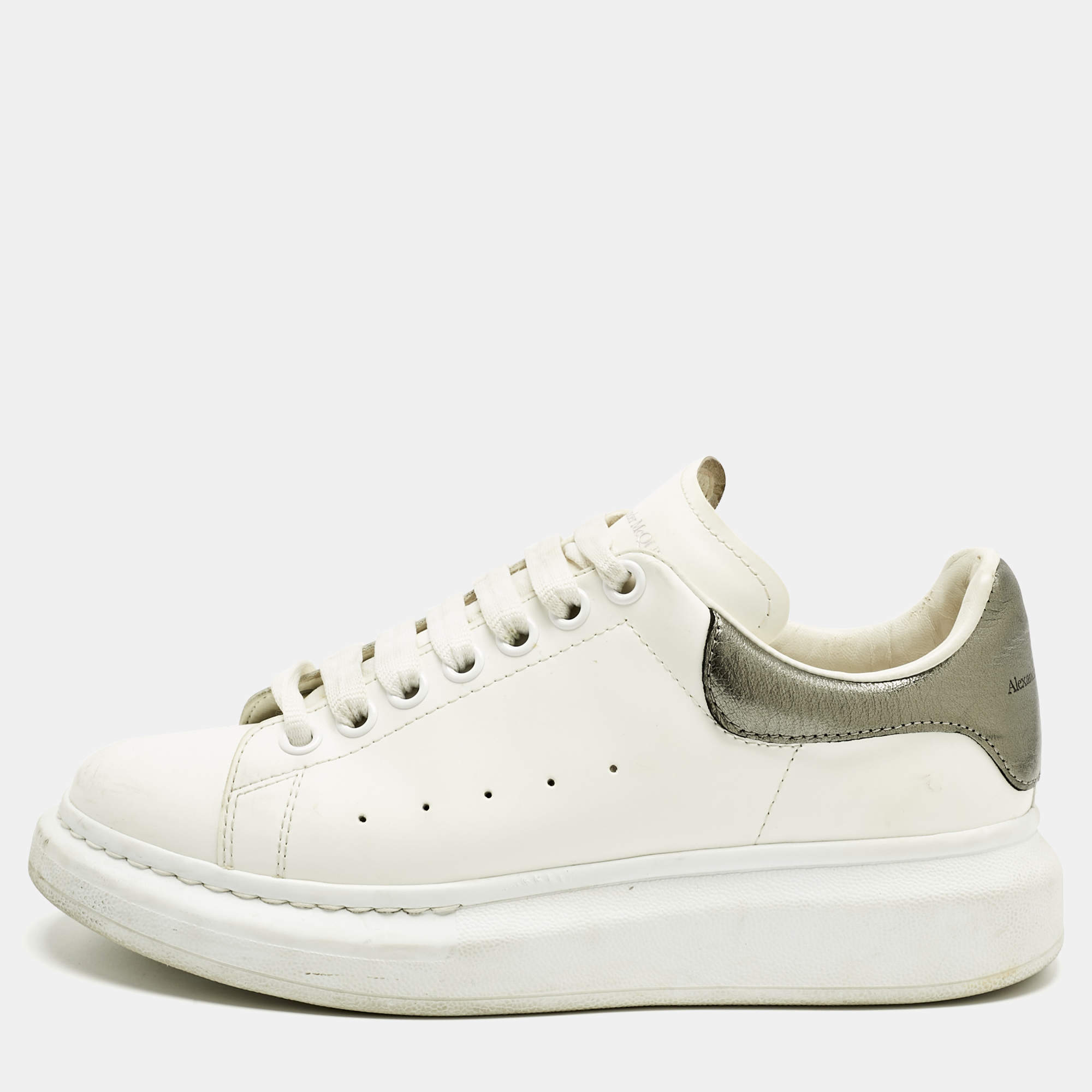 Pre Owned Alexander McQueen White/Metallic Leather Oversized Sneakers Size 39