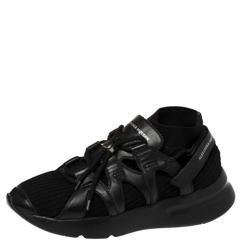 Alexander McQueen Black Knit Fabric And Leather Oversize Sock Low Top Sneakers Size 42