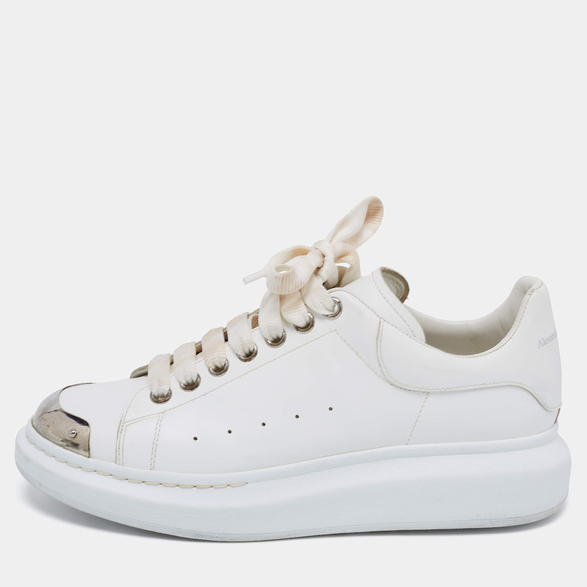 Pre Owned Alexander McQueen White Leather Oversized Cap Toe Low Top Sneakers Size 41