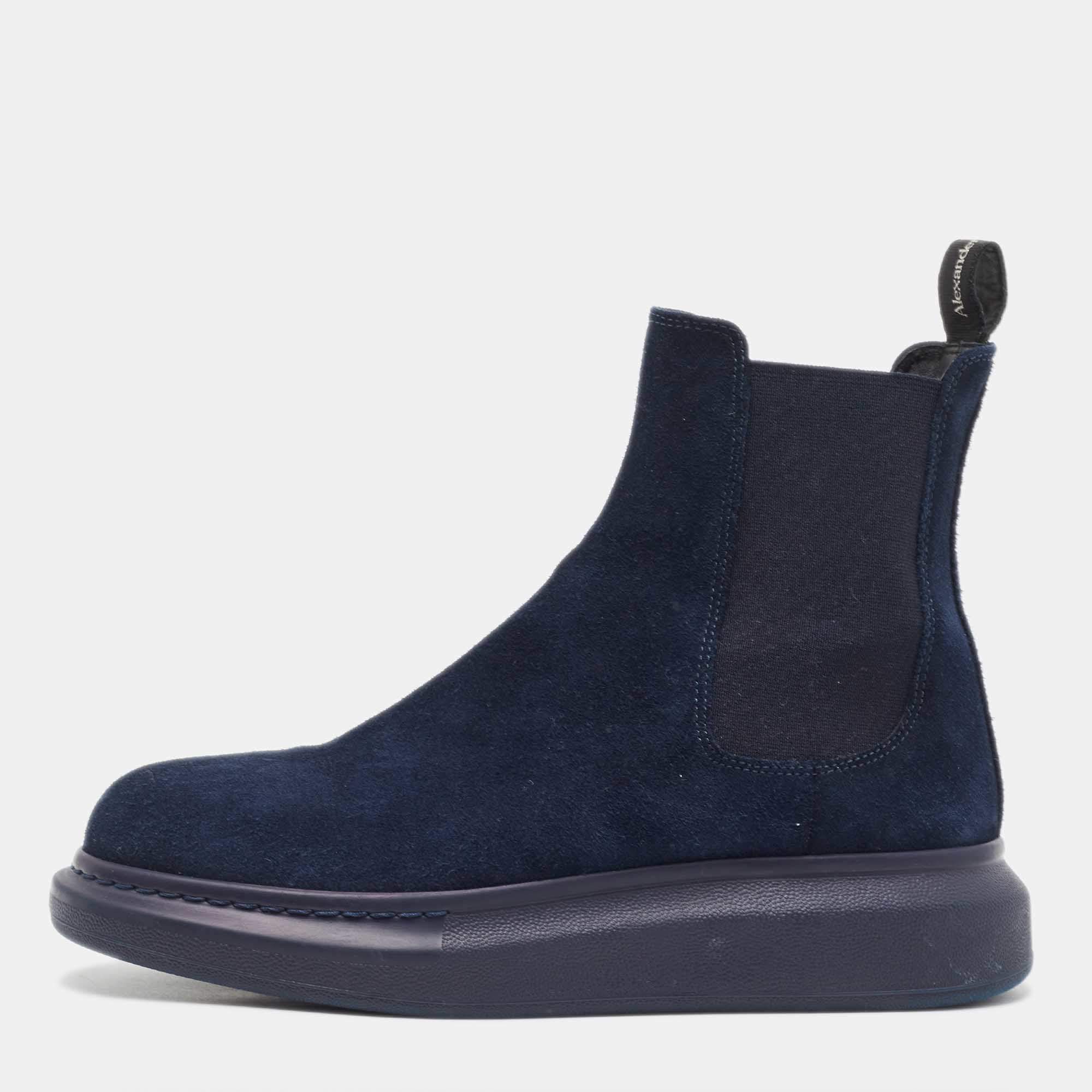 Alexander McQueen Navy Blue Suede Hybrid Chelsea Boots Size 41