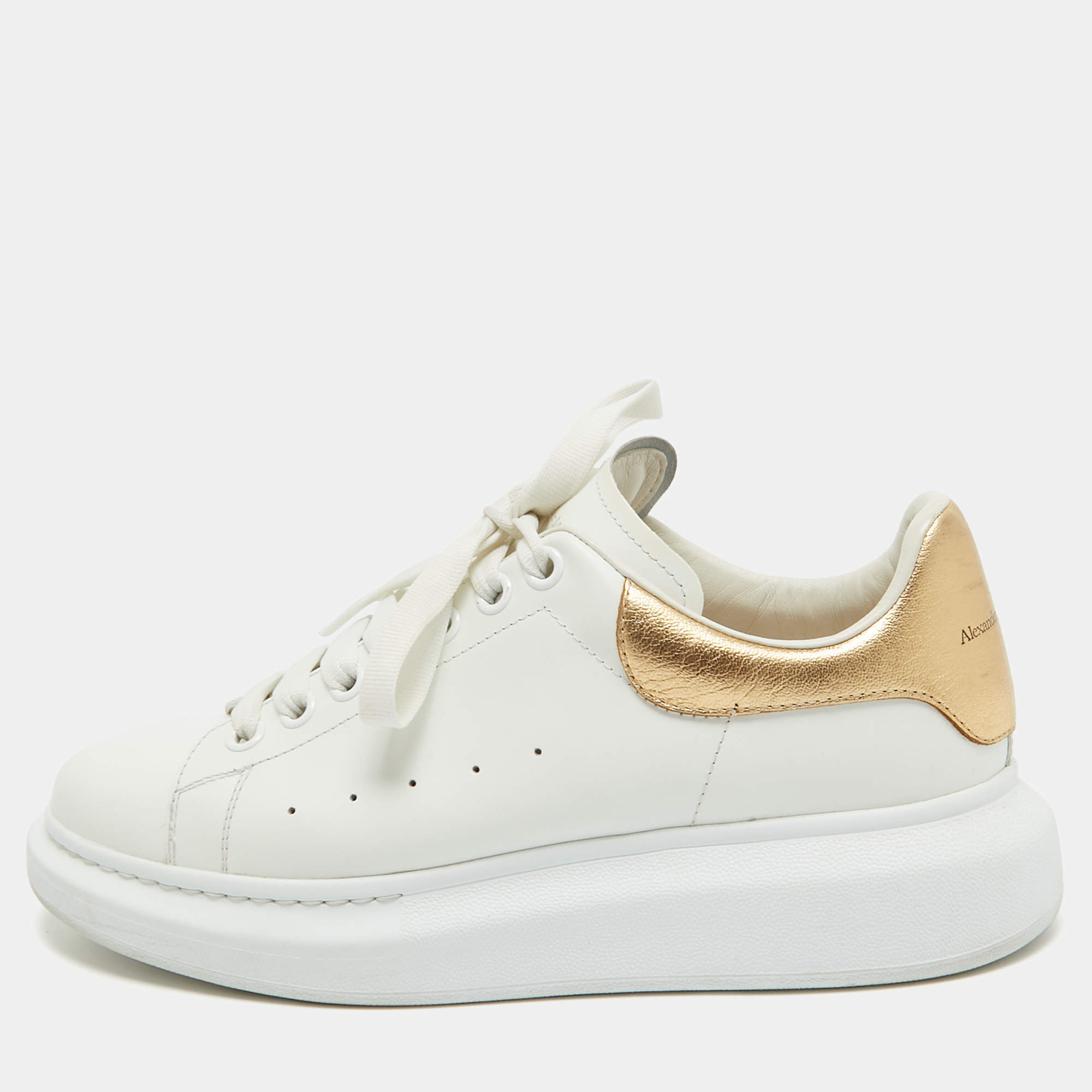 Alexander McQueen White/Gold Leather Oversized Sneakers Size 40