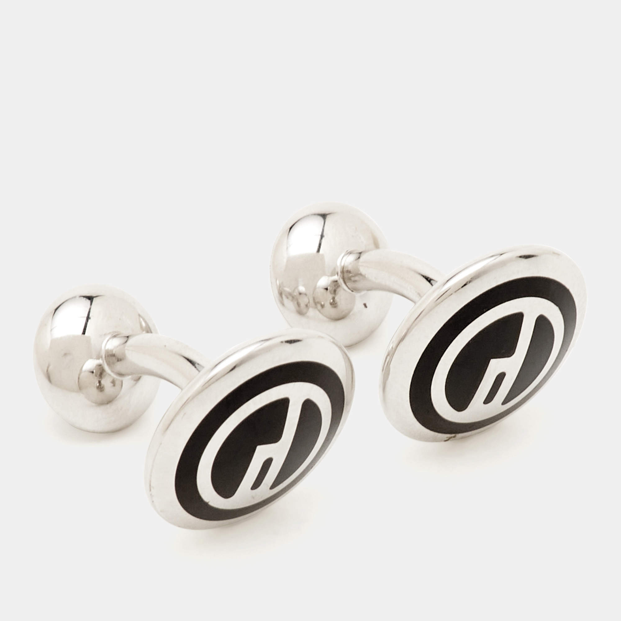 Pre Owned Alfred Dunhill Black Inlay Silver Tone Cufflinks