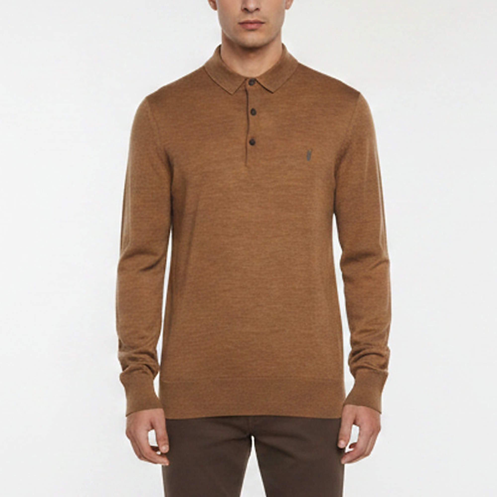 Pre Owned All Saints Brown Logo Embroidered Wool Knit Polo Pullover M
