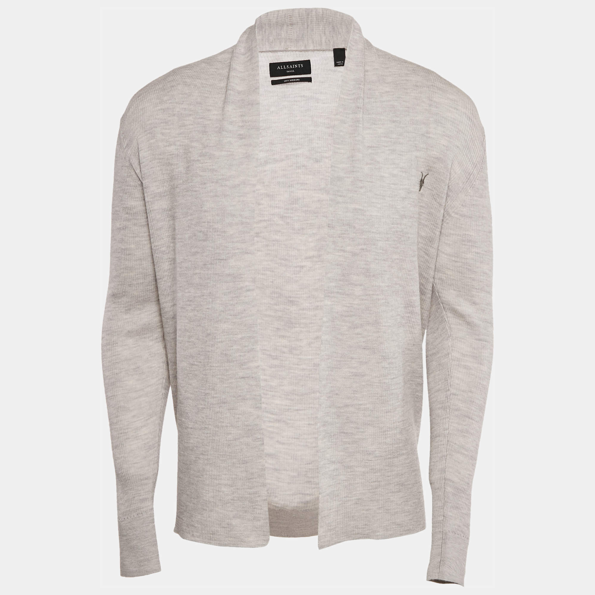 All Saints Grey Marl Wool Rib Knit Open Front Cardigan S