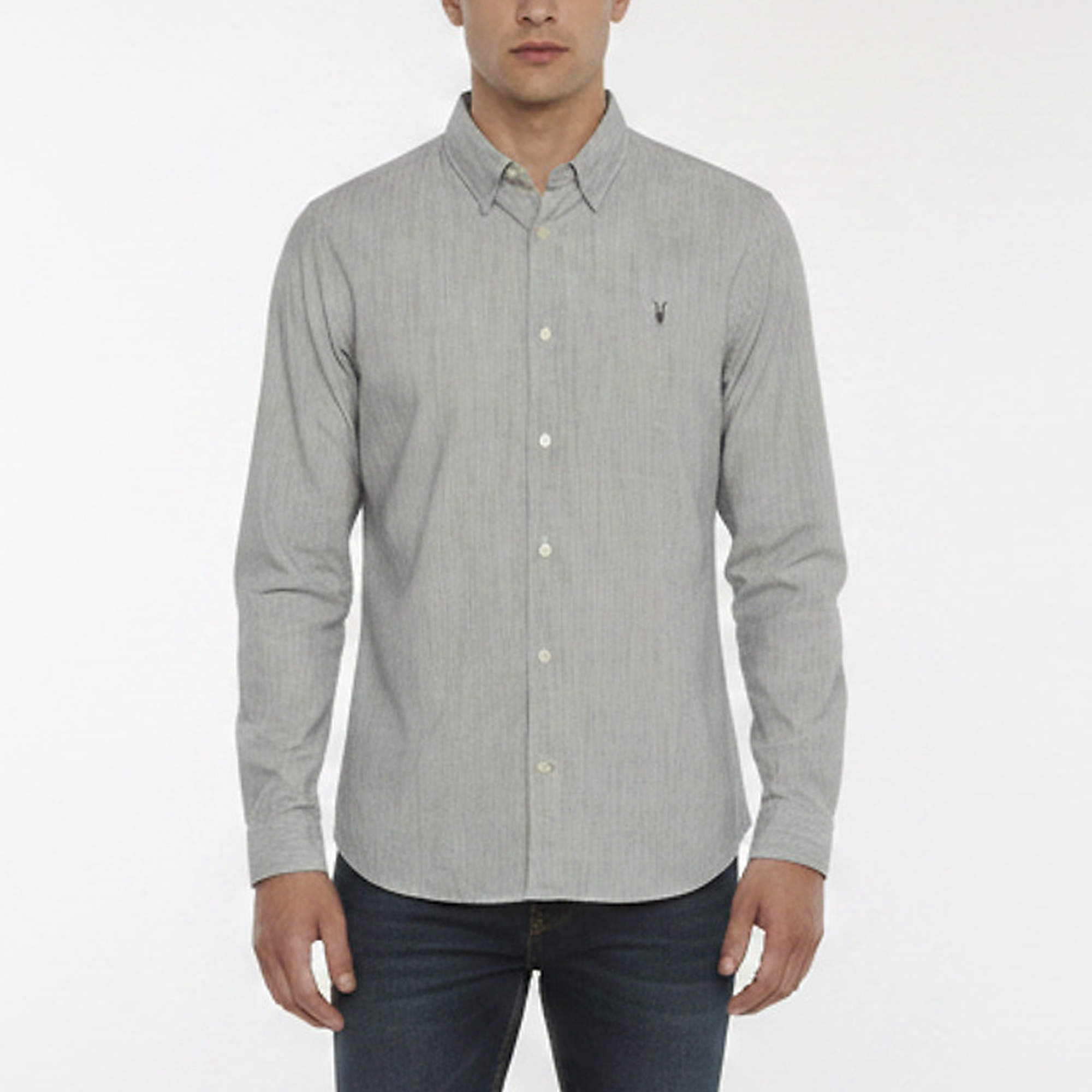 Pre Owned All Saints Grey Striped Logo Embroidered Cotton Bedford Shirt M