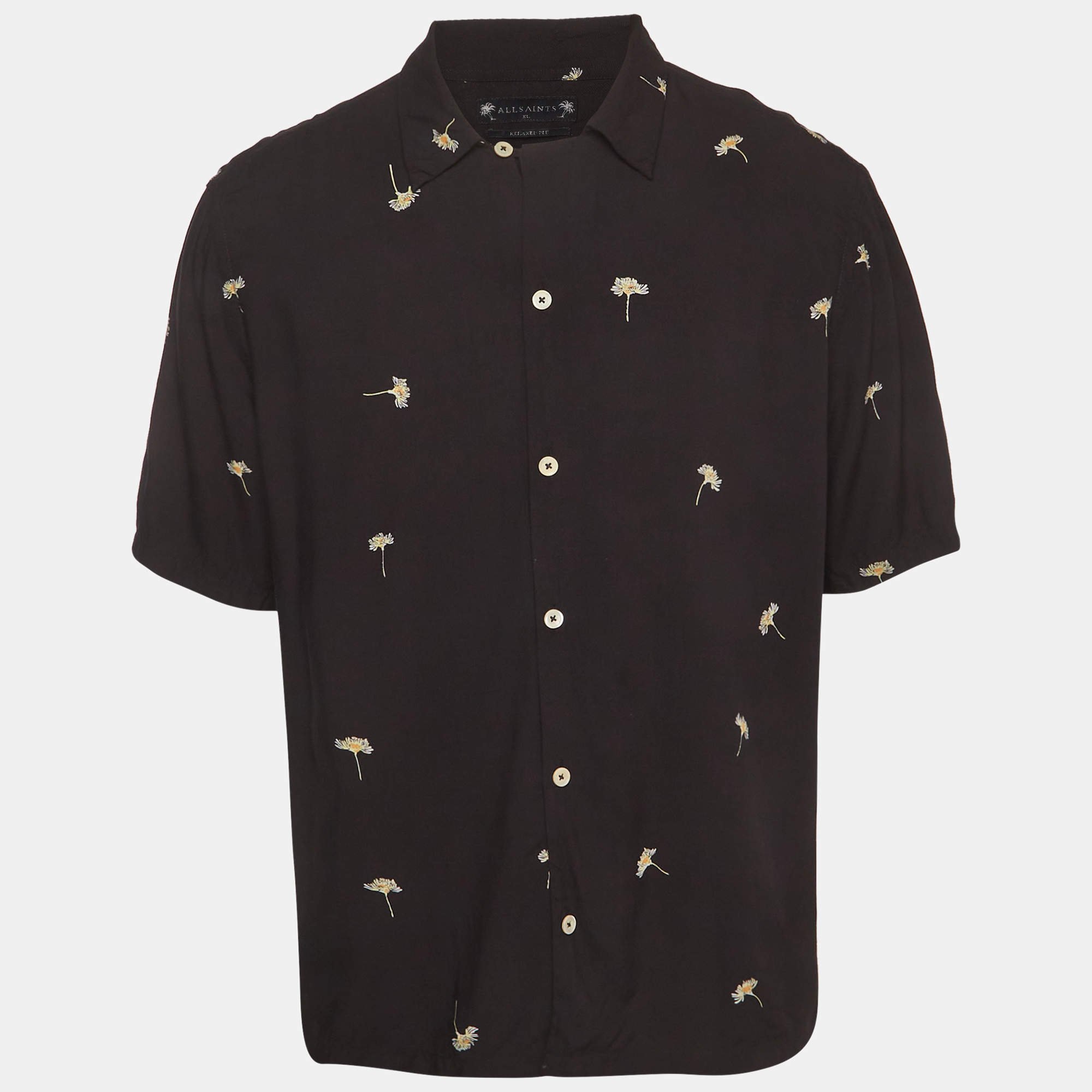 Pre Owned All Saints Black Printed Poplin Button Front Daisy Shirt XL 