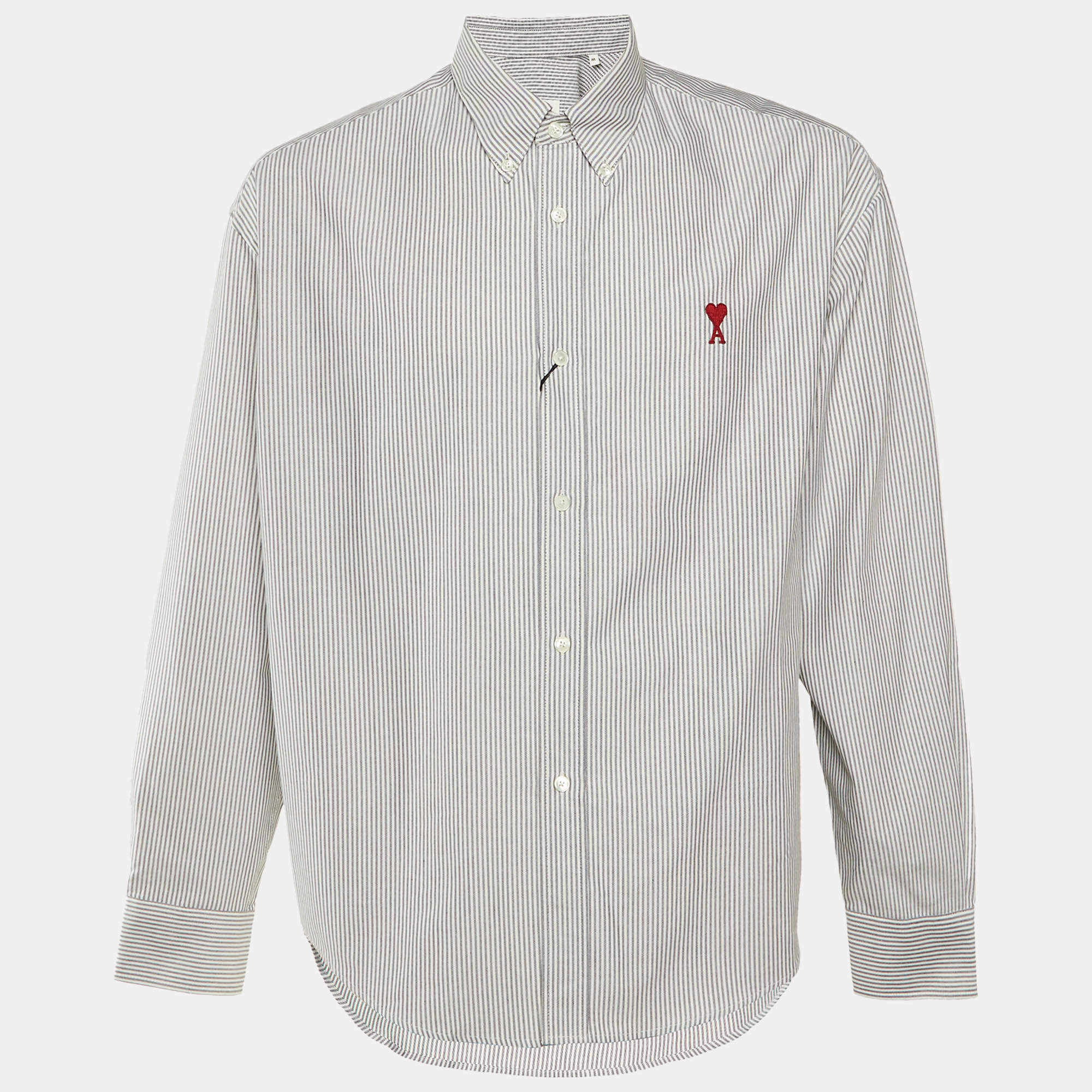 Pre Owned قميص أمي قطن مخطط أبيض/أسود بأزرار مقاس متوسط - ميديم