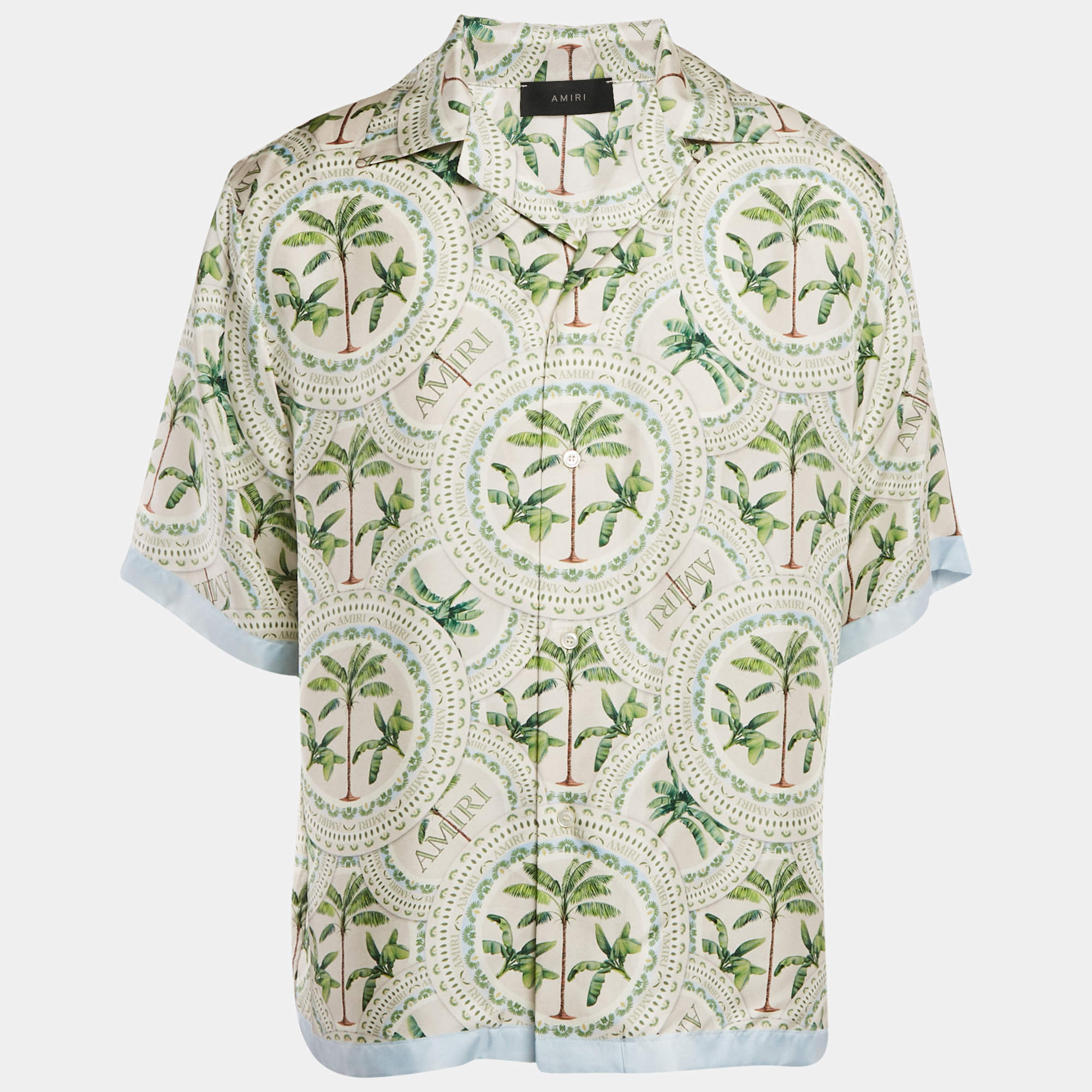 Amiri Alabaster White Palm Print Silk Bowling Shirt XXL
