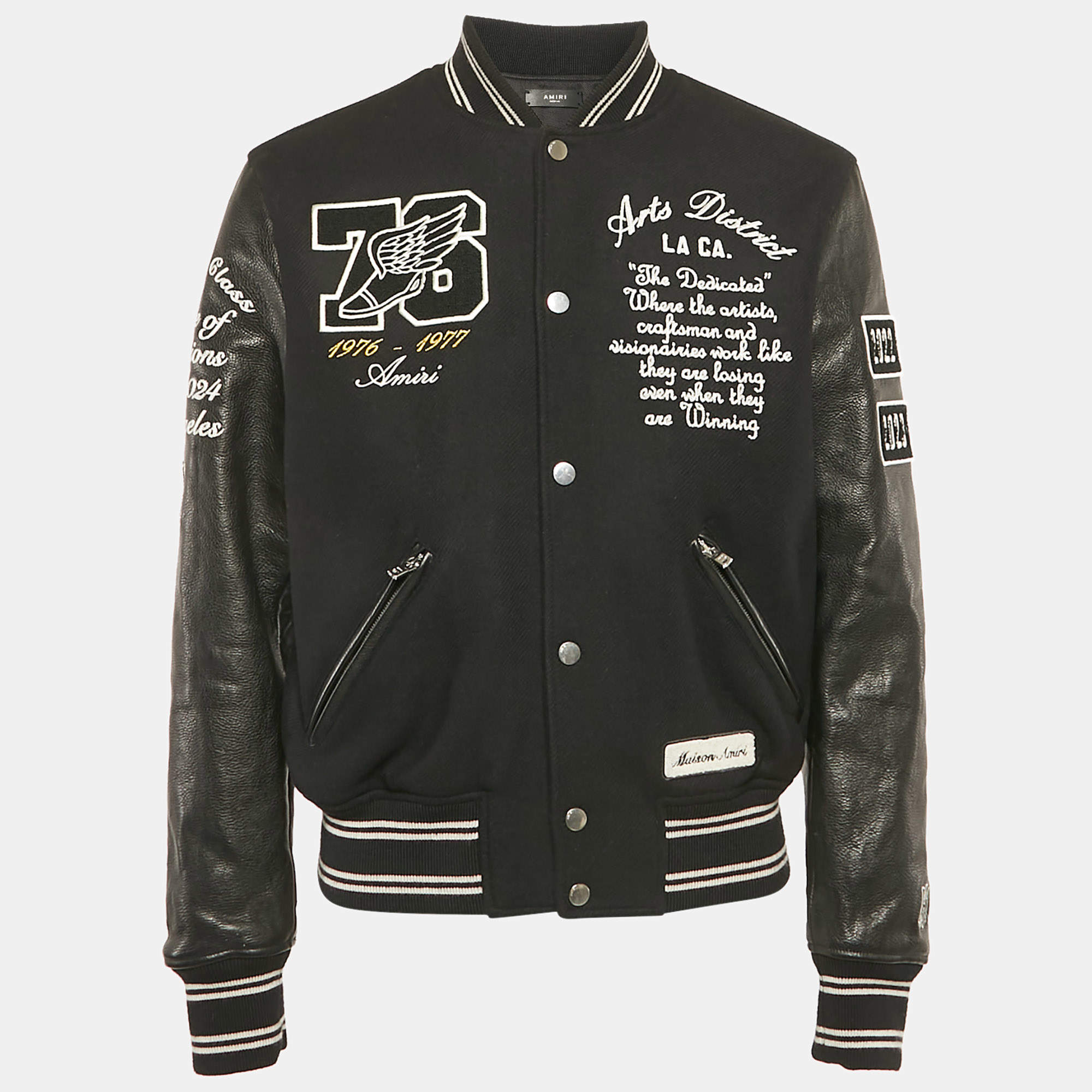 Amiri Black Embroidered Wool and Leather Varsity Jacket S