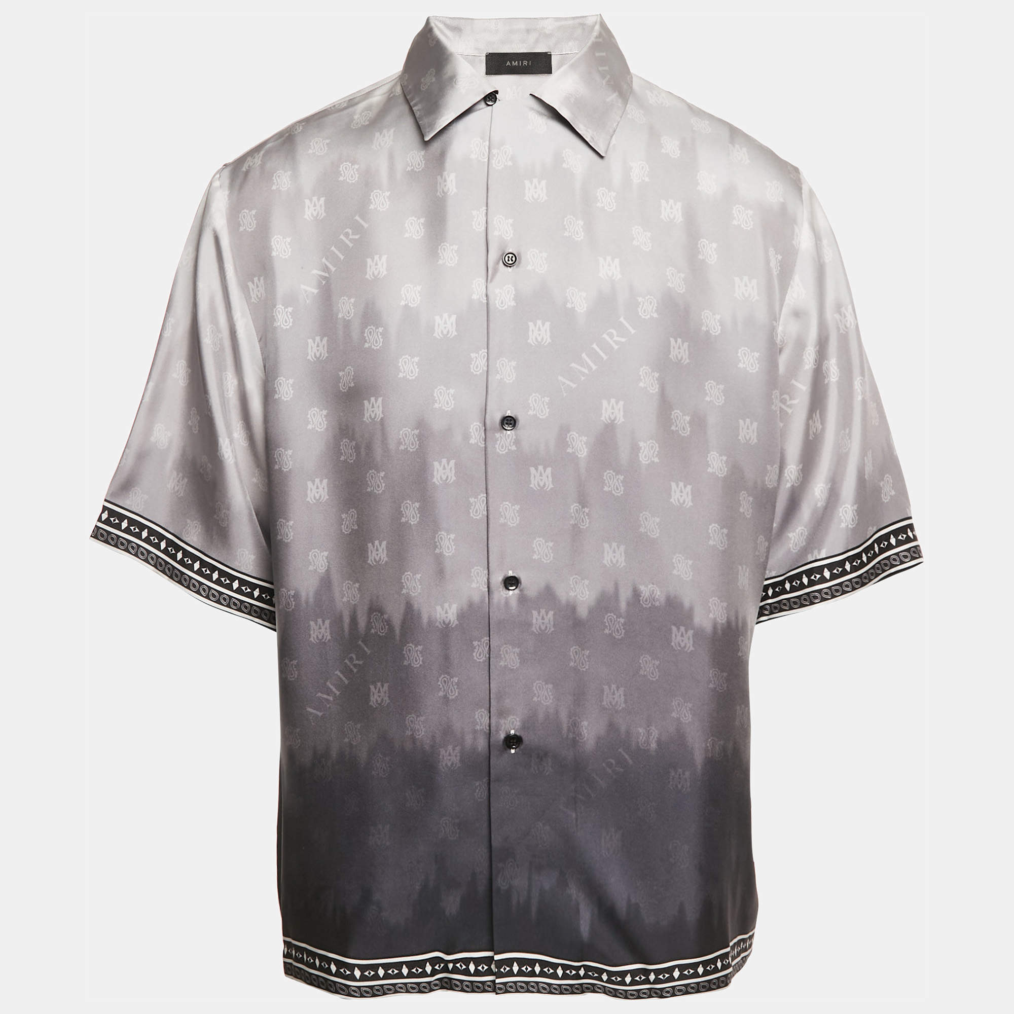 Amiri Grey Micro Paisley Print Silk Bowling Shirt XXL