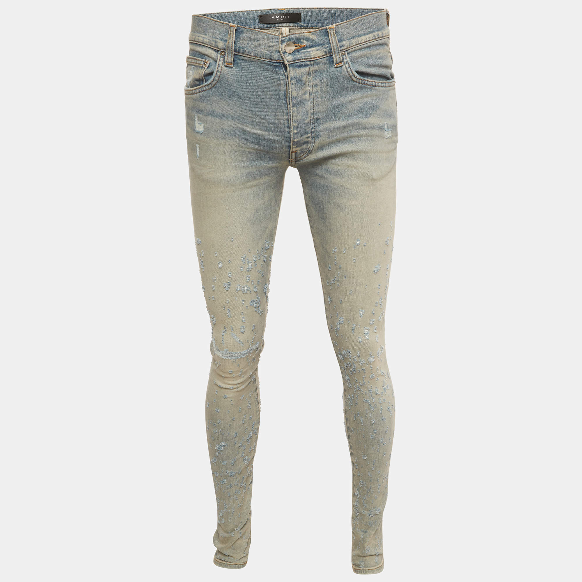 Pre Owned Amiri Blue Faded Distressed Denim Skinny Jeans S/Waist 30"