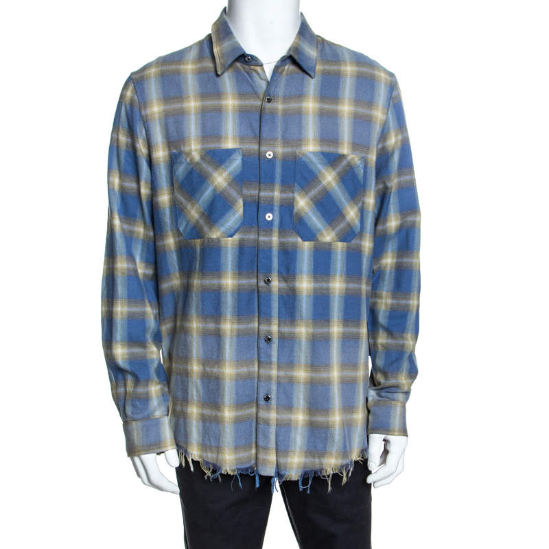 Pre Owned Amiri Blue And Yellow Cotton Plaid Frayed Edge Detail Shirt L