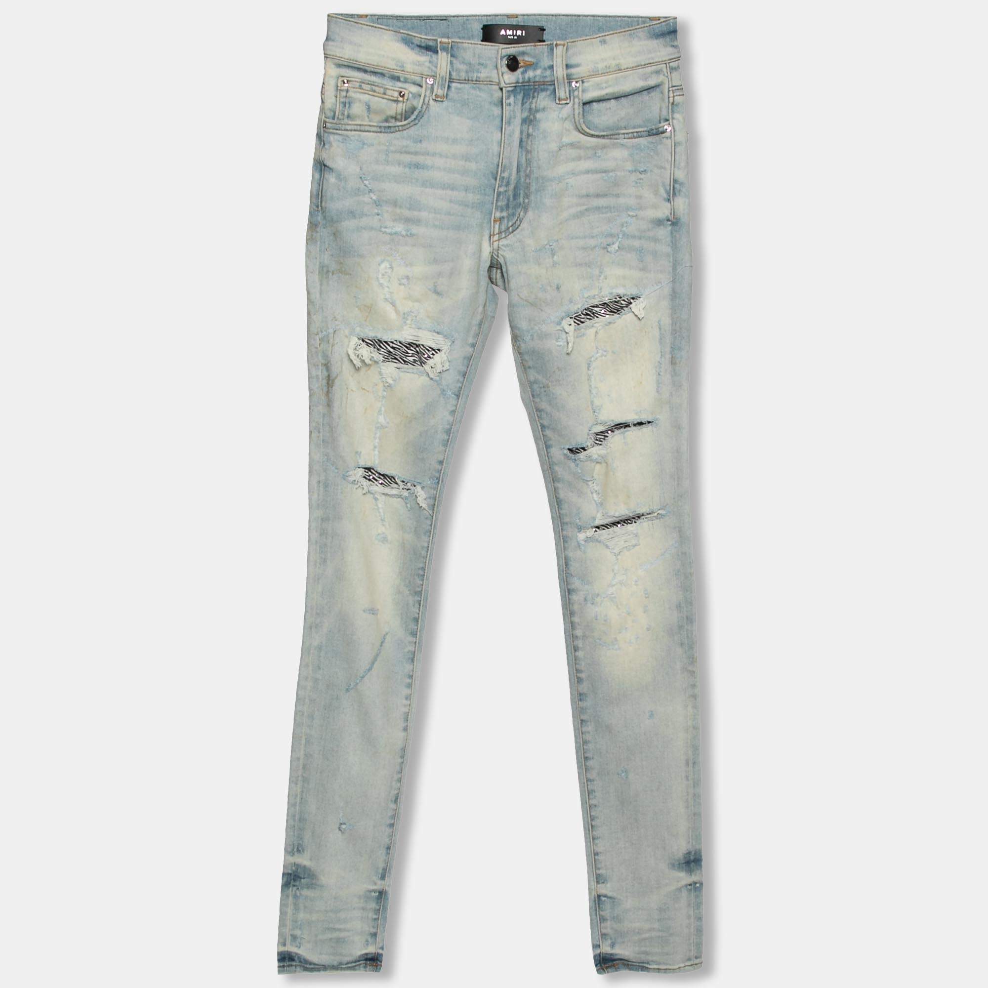 Amiri Blue Distressed Zebra Embellished Inset Detailed Jeans XS