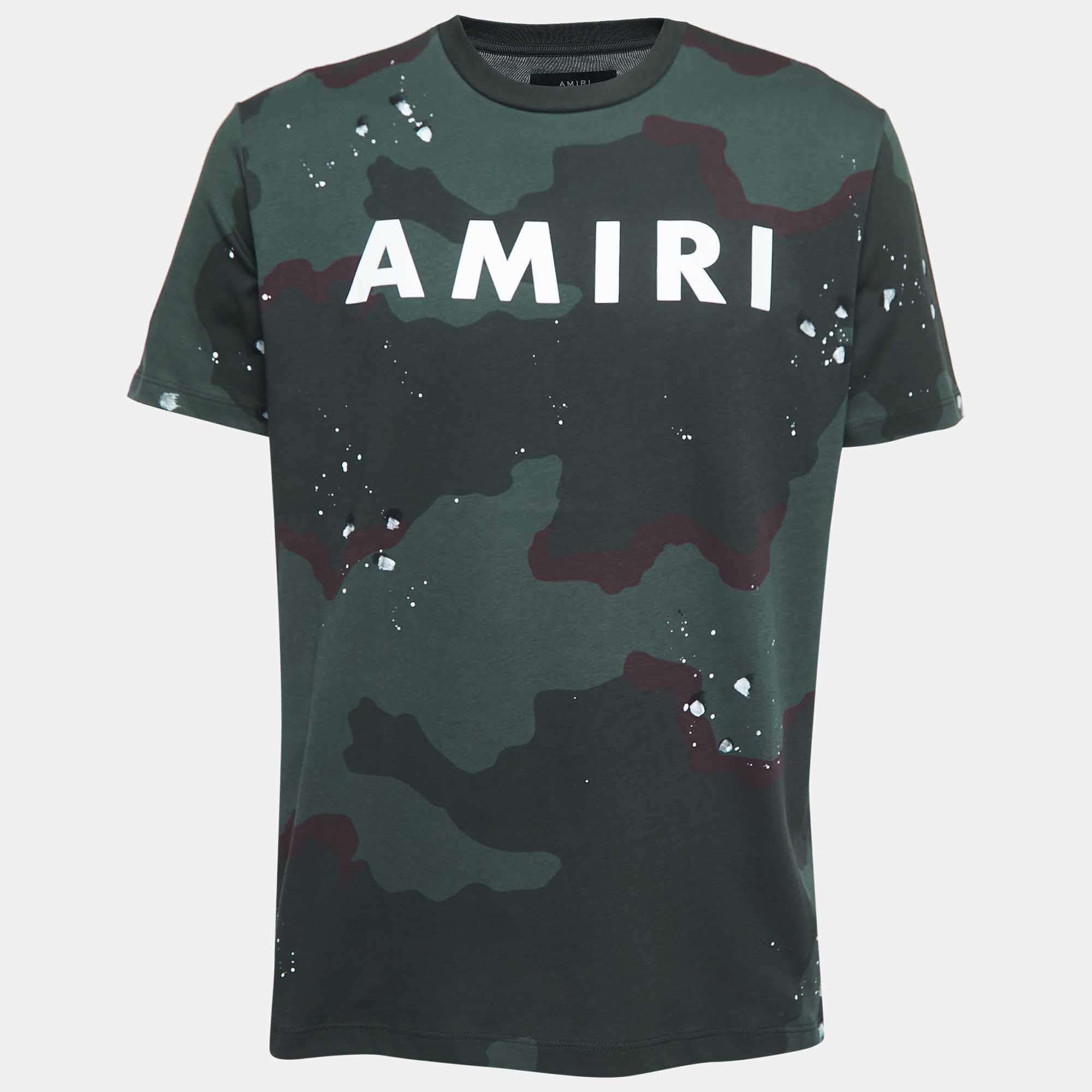 Amiri Green Camouflage Print Logo T-Shirt S