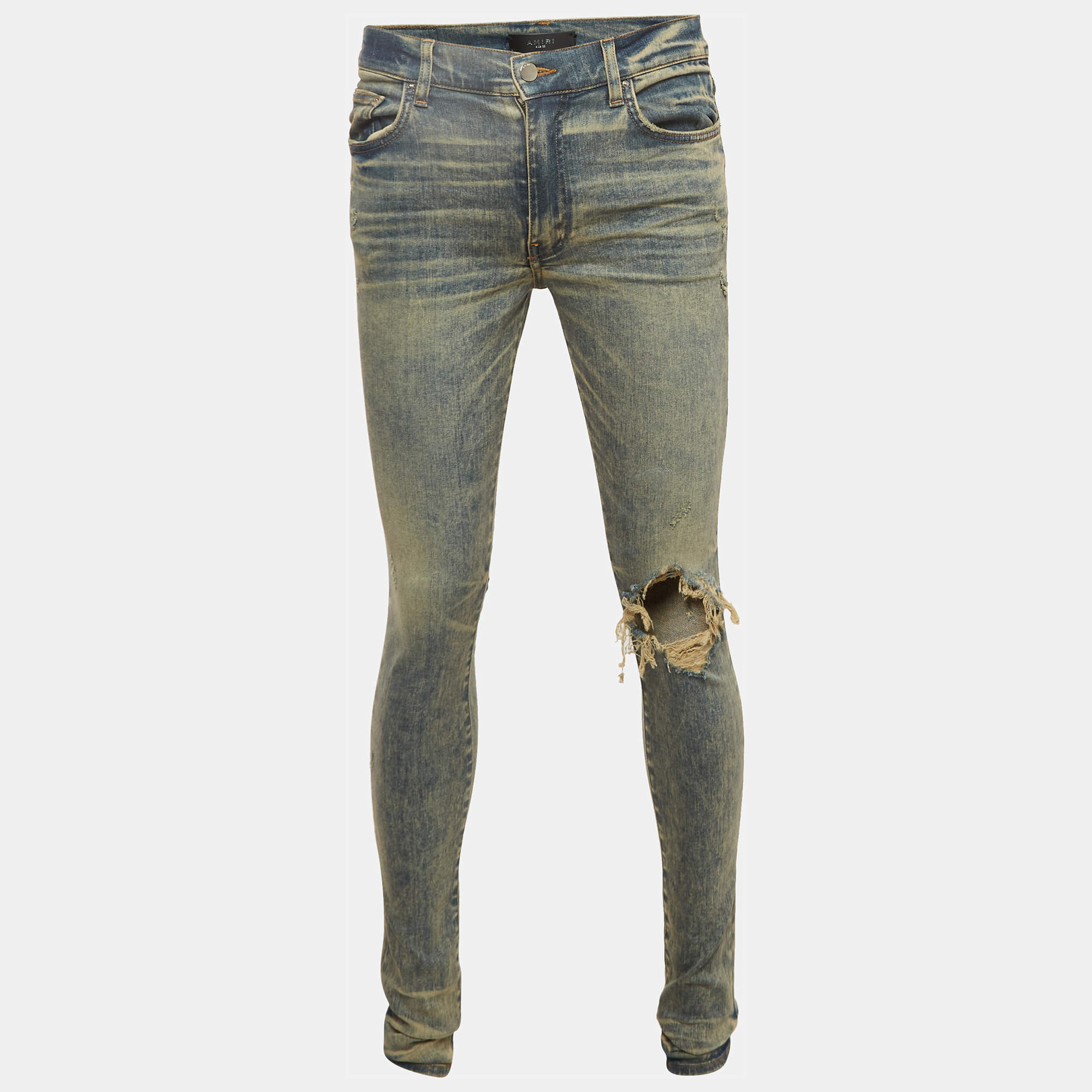 Pre Owned Amiri Navy Blue Distressed Denim Skinny Jeans M Waist 31"