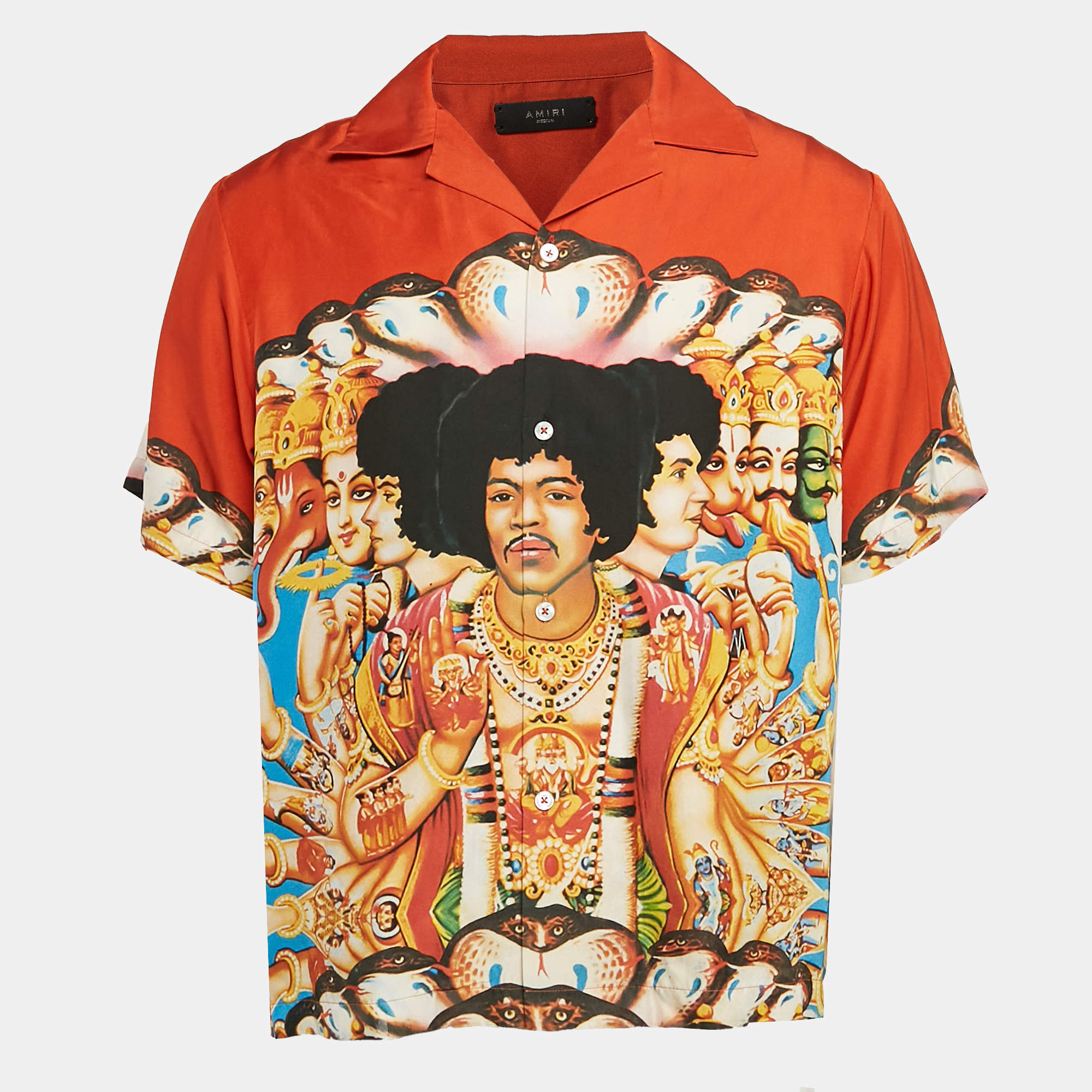 Amiri Red Jimi Hendrix Print Silk Short Sleeve Shirt M