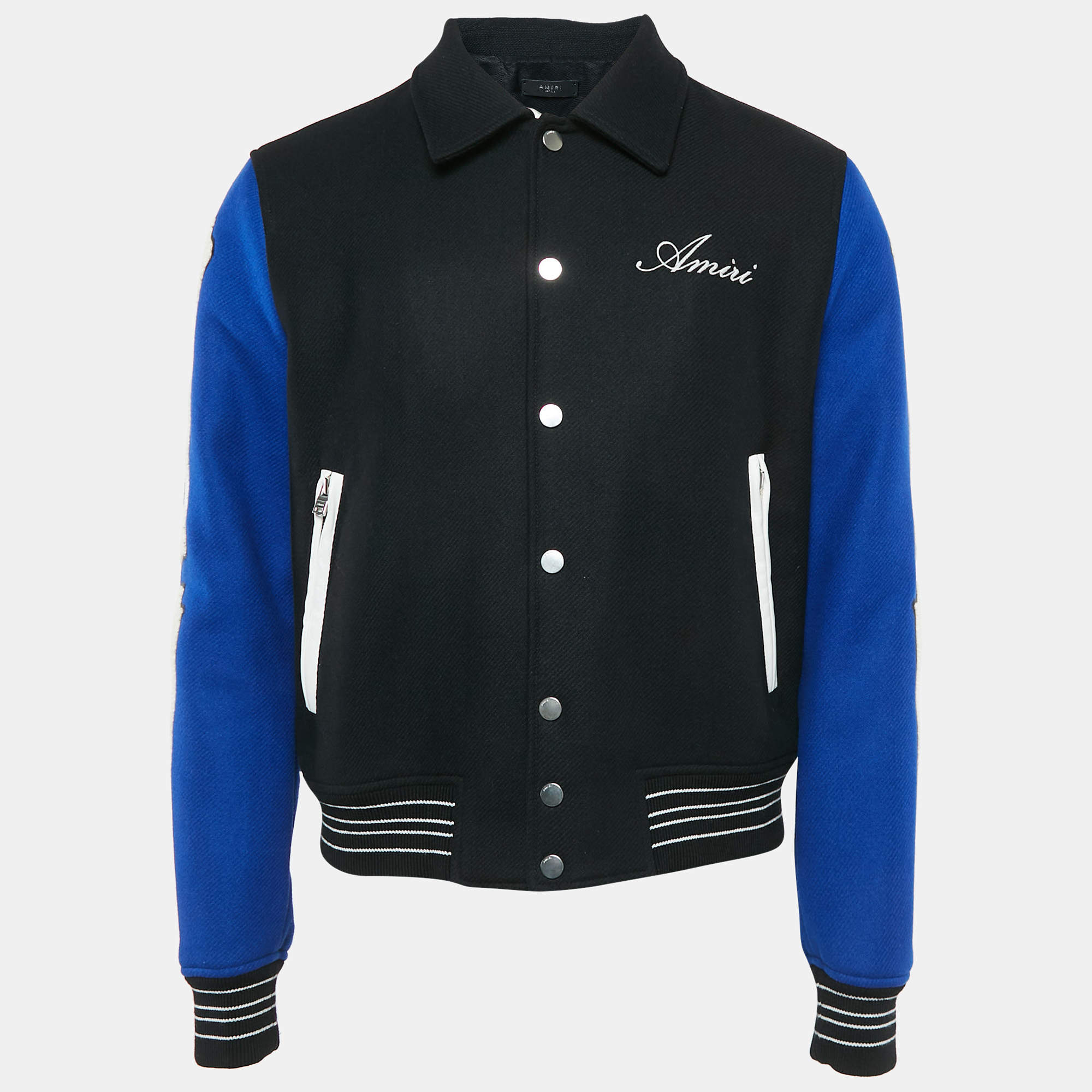 Amiri Black/Blue Wool Blend Bones Varsity Jacket M