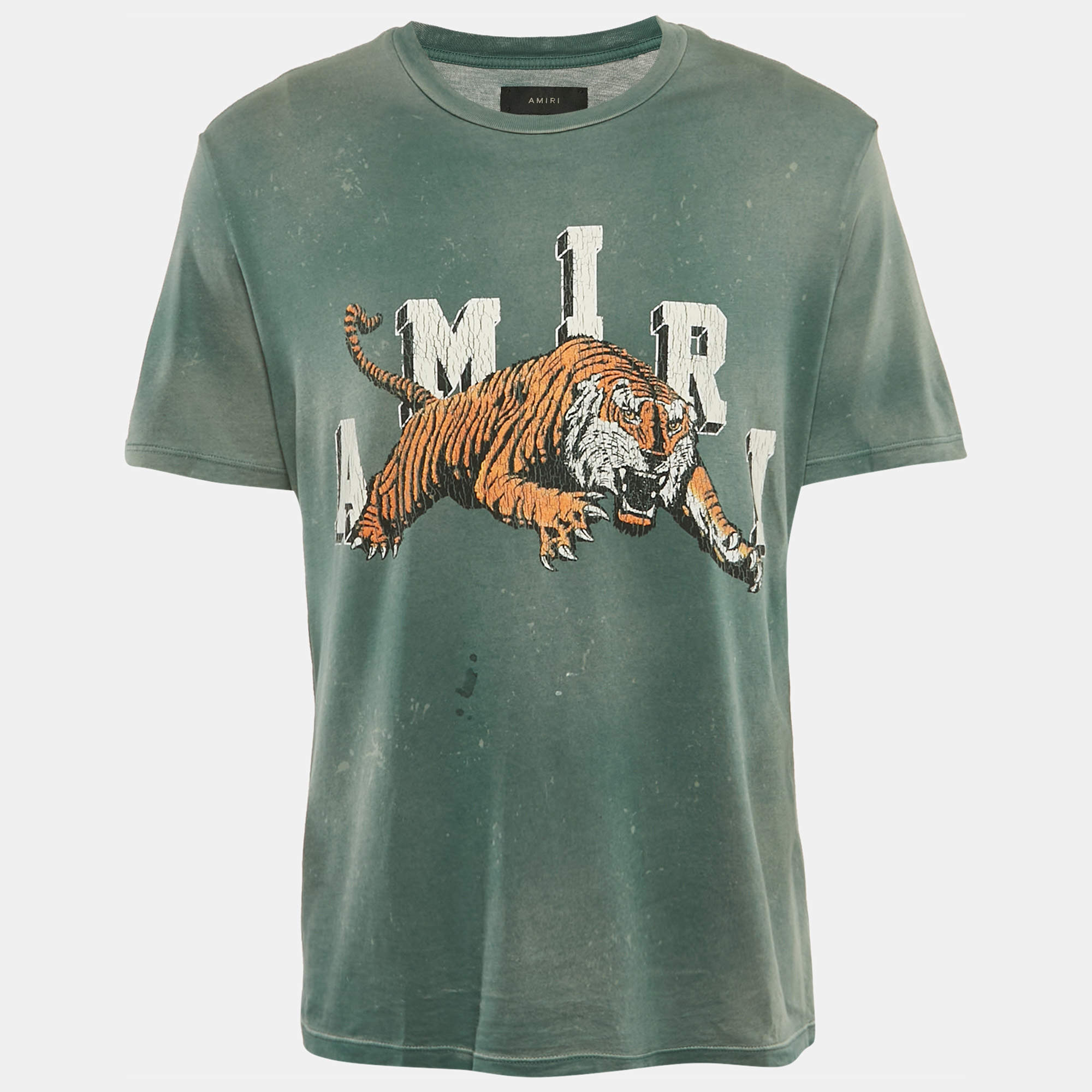 Pre Owned Amiri Vintage Green Tiger Print Cotton Crew Neck T-Shirt M