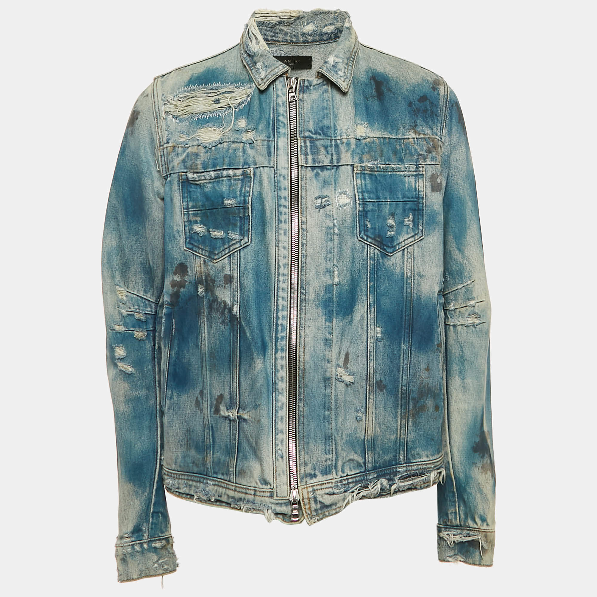 Amiri Blue Distressed Denim Button Front Jacket L