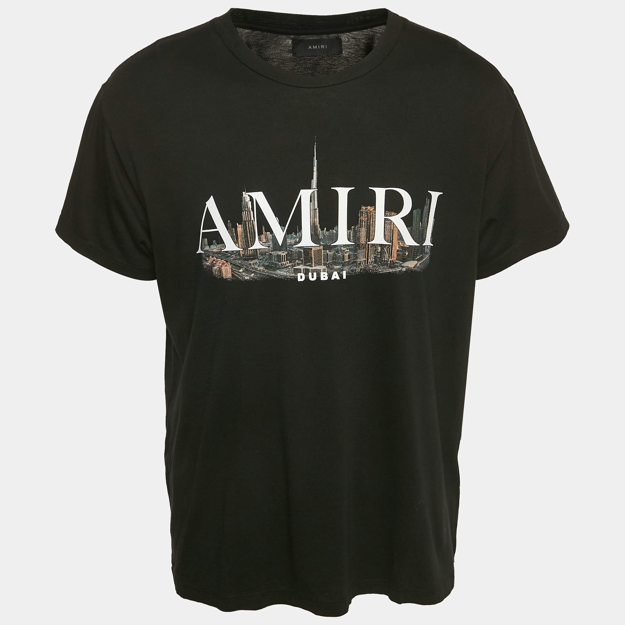 Pre Owned Amiri Black Logo Print Cotton Crew Neck T-Shirts M