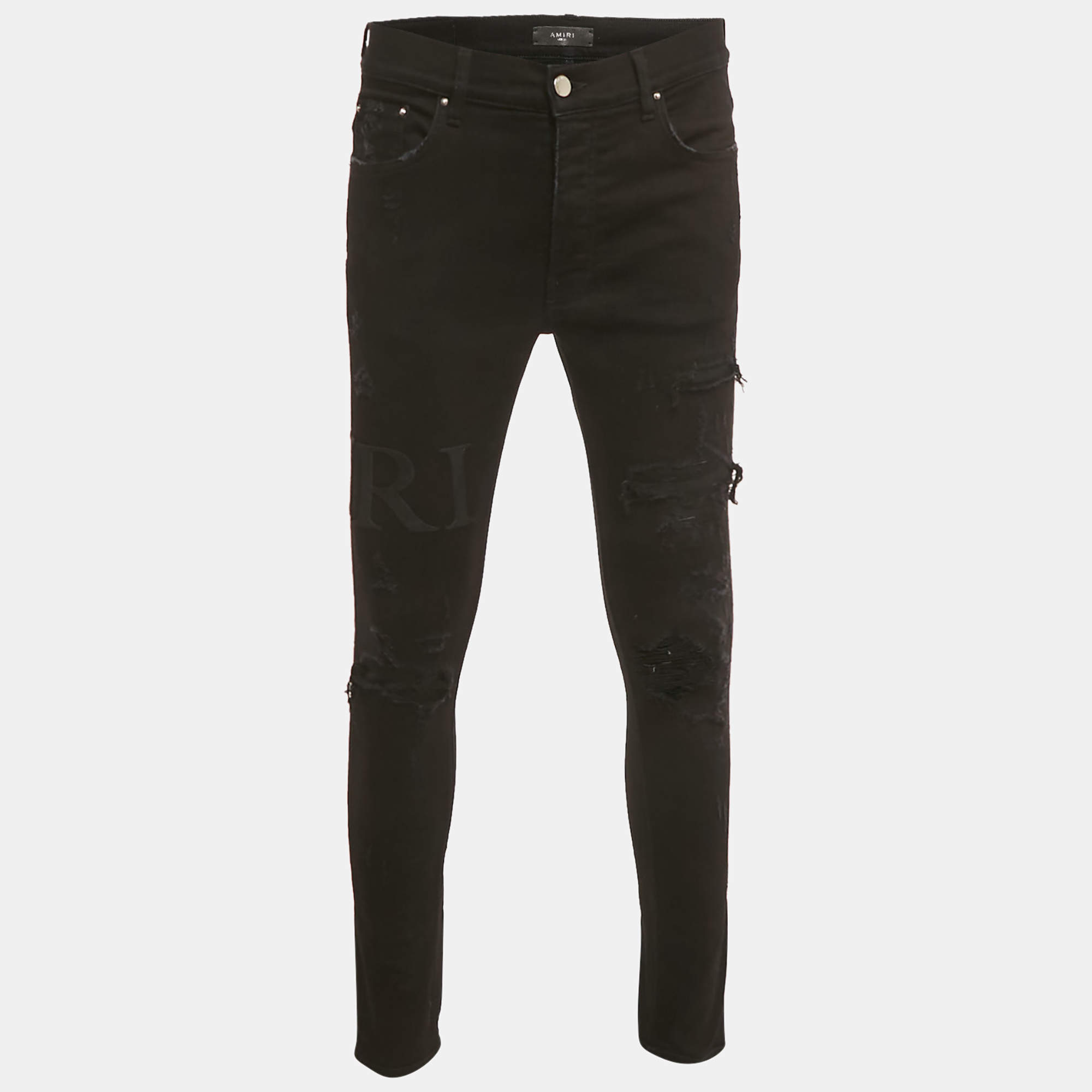 Pre Owned Amiri Black Distressed Denim Logo Applique Detail Jeans L Waist 34"