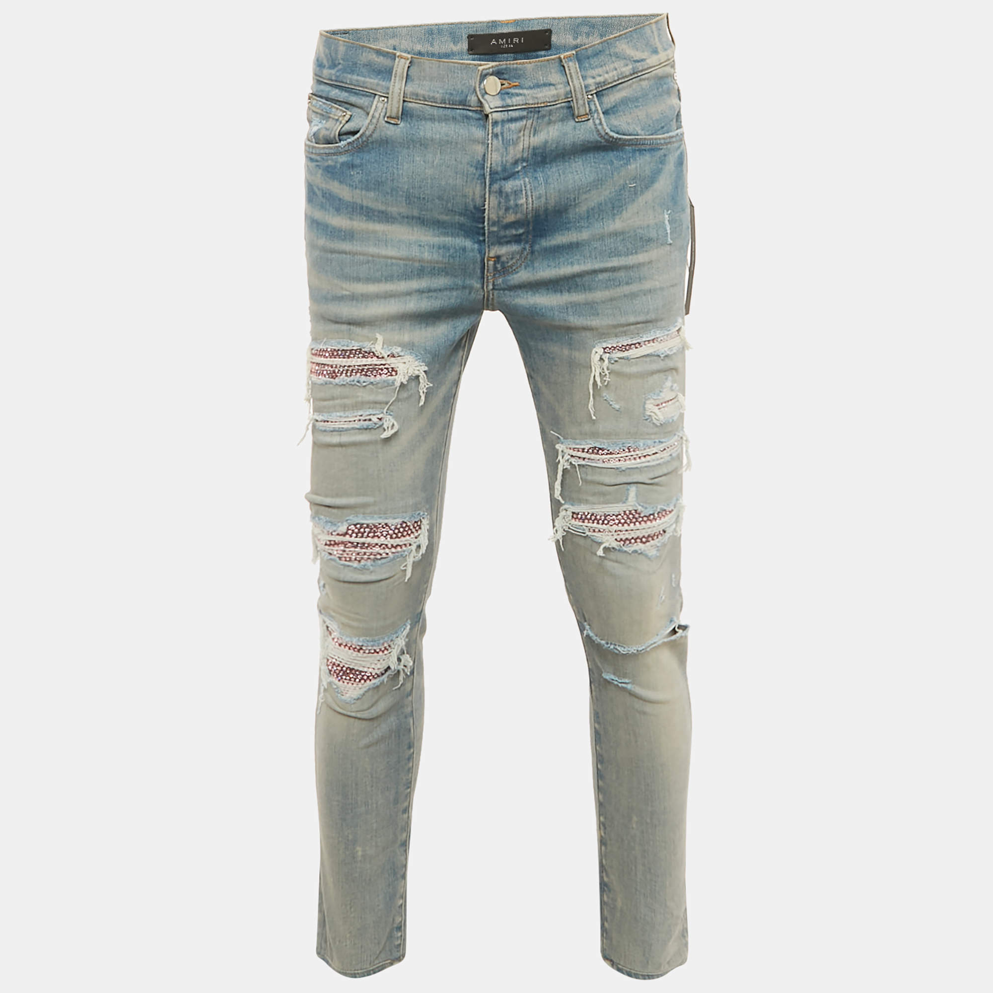 Pre Owned Amiri Indigo Blue Denim Crystal Thrasher Distressed Jeans M Waist 31"