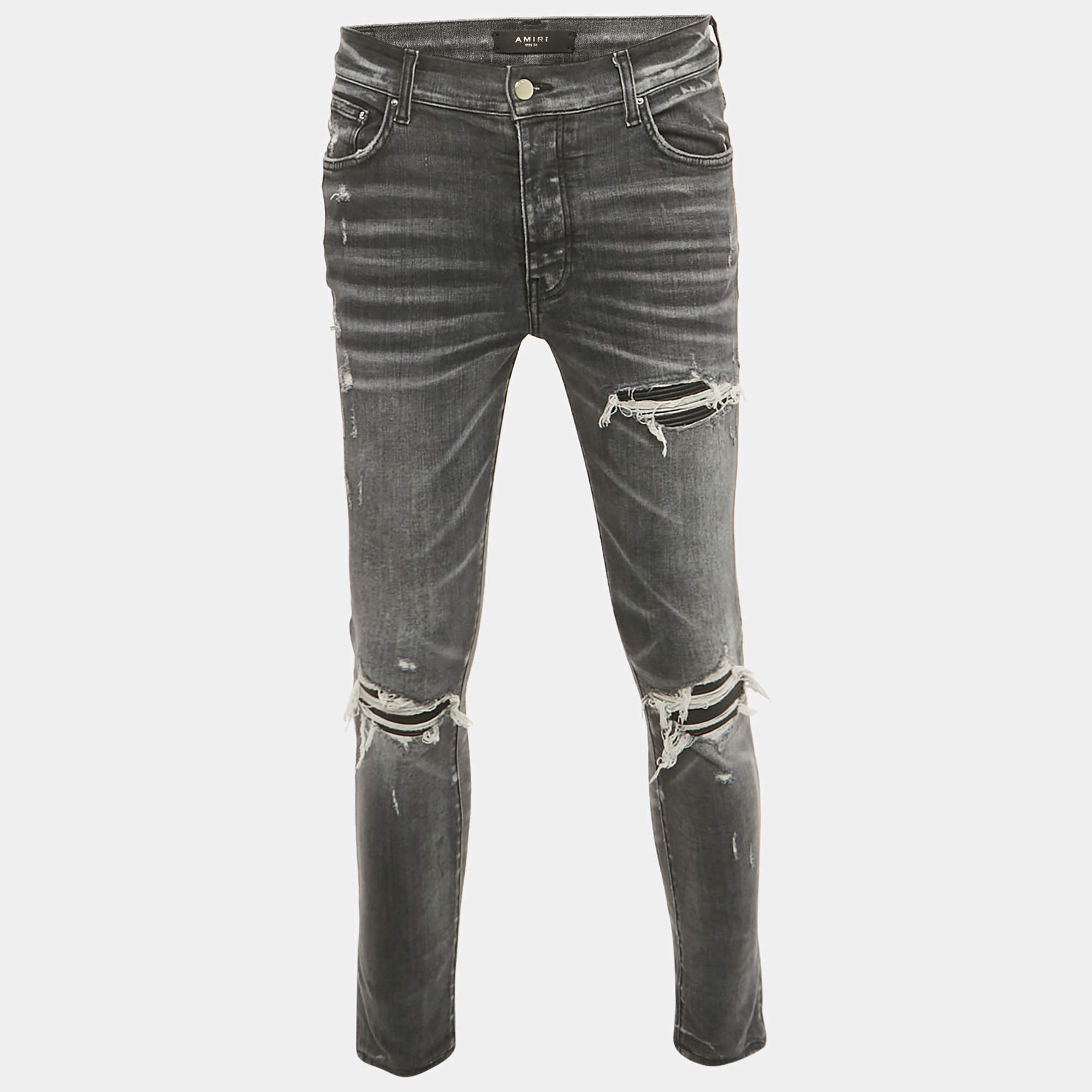 Pre Owned Amiri Grey Denim Distressed Patch Jeans M Waist 32" 