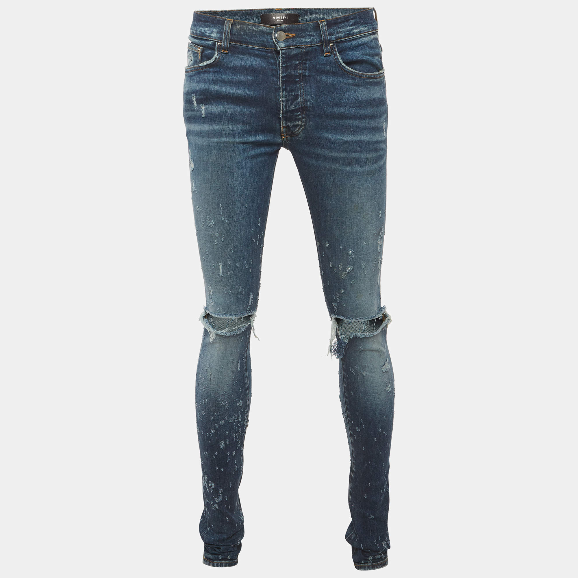 مملوكة مسبقًا Amiri Blue Denim Knee Slit Shotgun Jeans M/Waist 29"