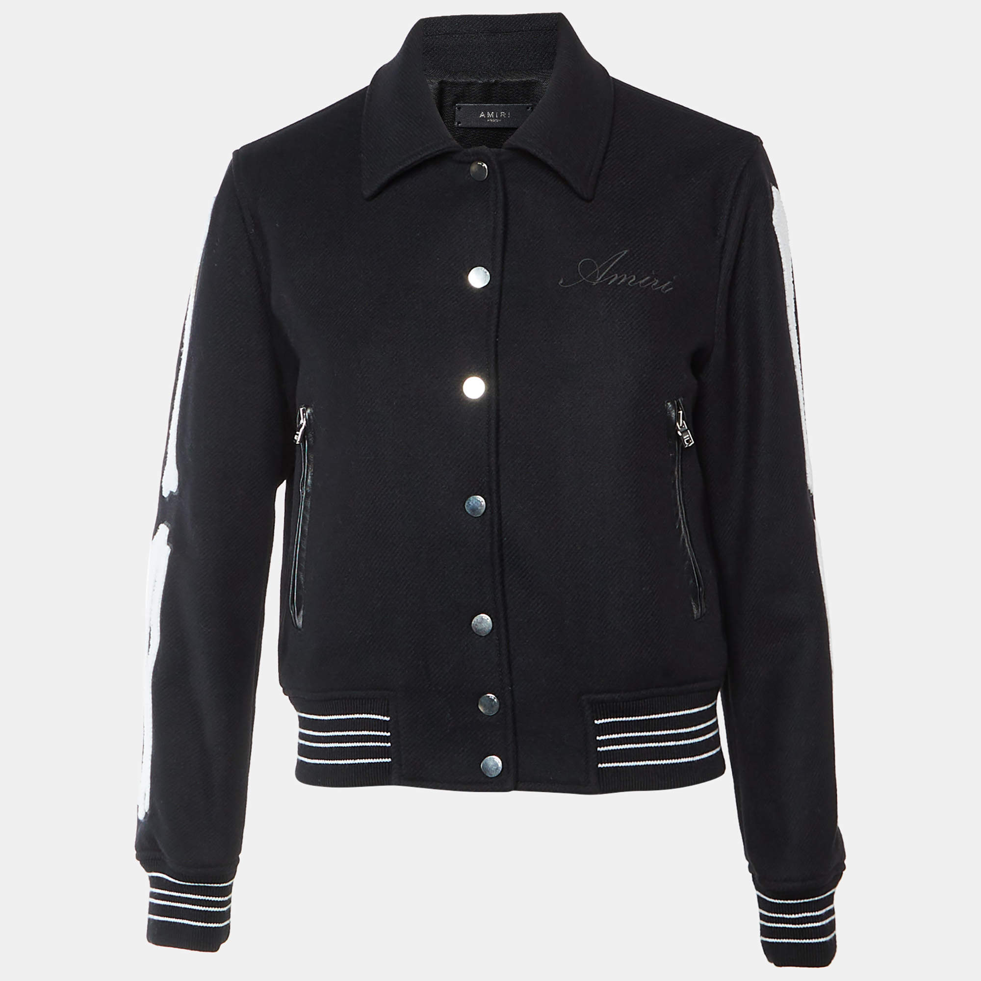 Pre Owned Amiri Black Wool Bones Appliqué Varsity Bomber Jacket M