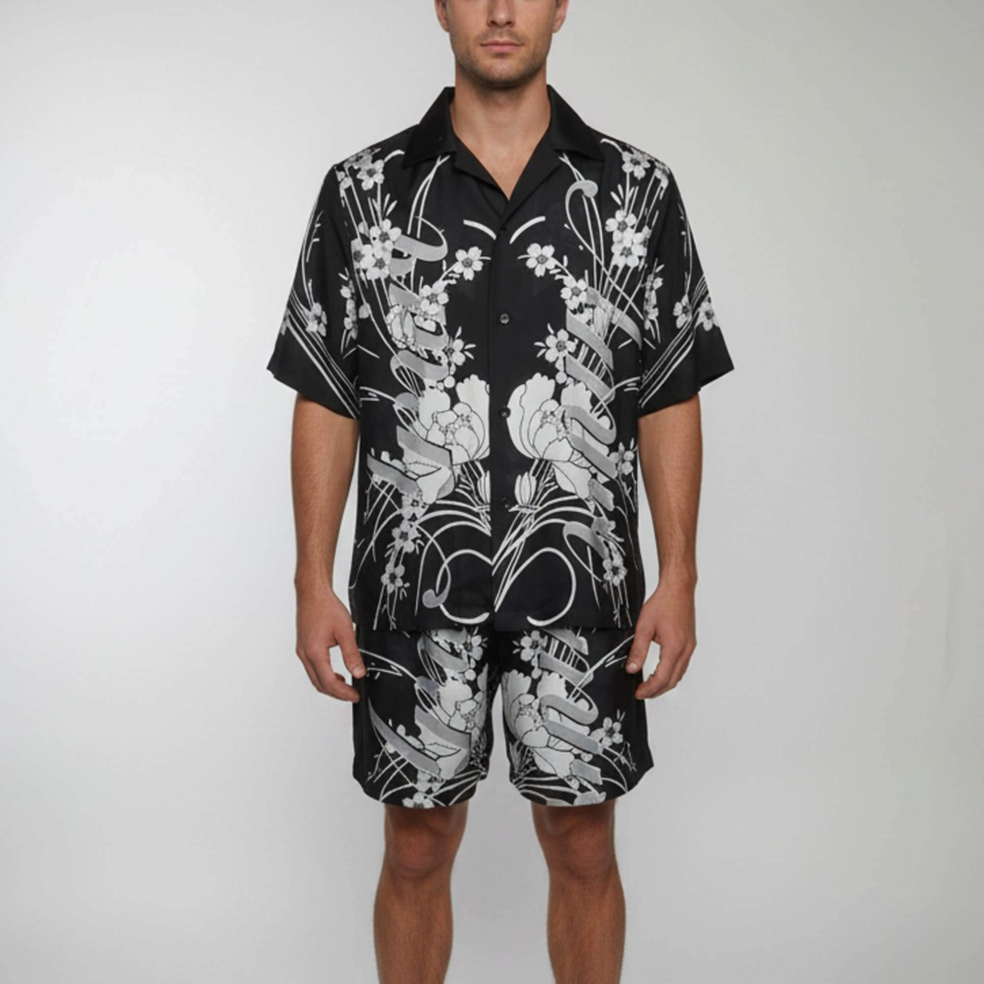 Pre Owned Amiri Black Floral Print Satin Bowling Shirt and Shorts Set L/M