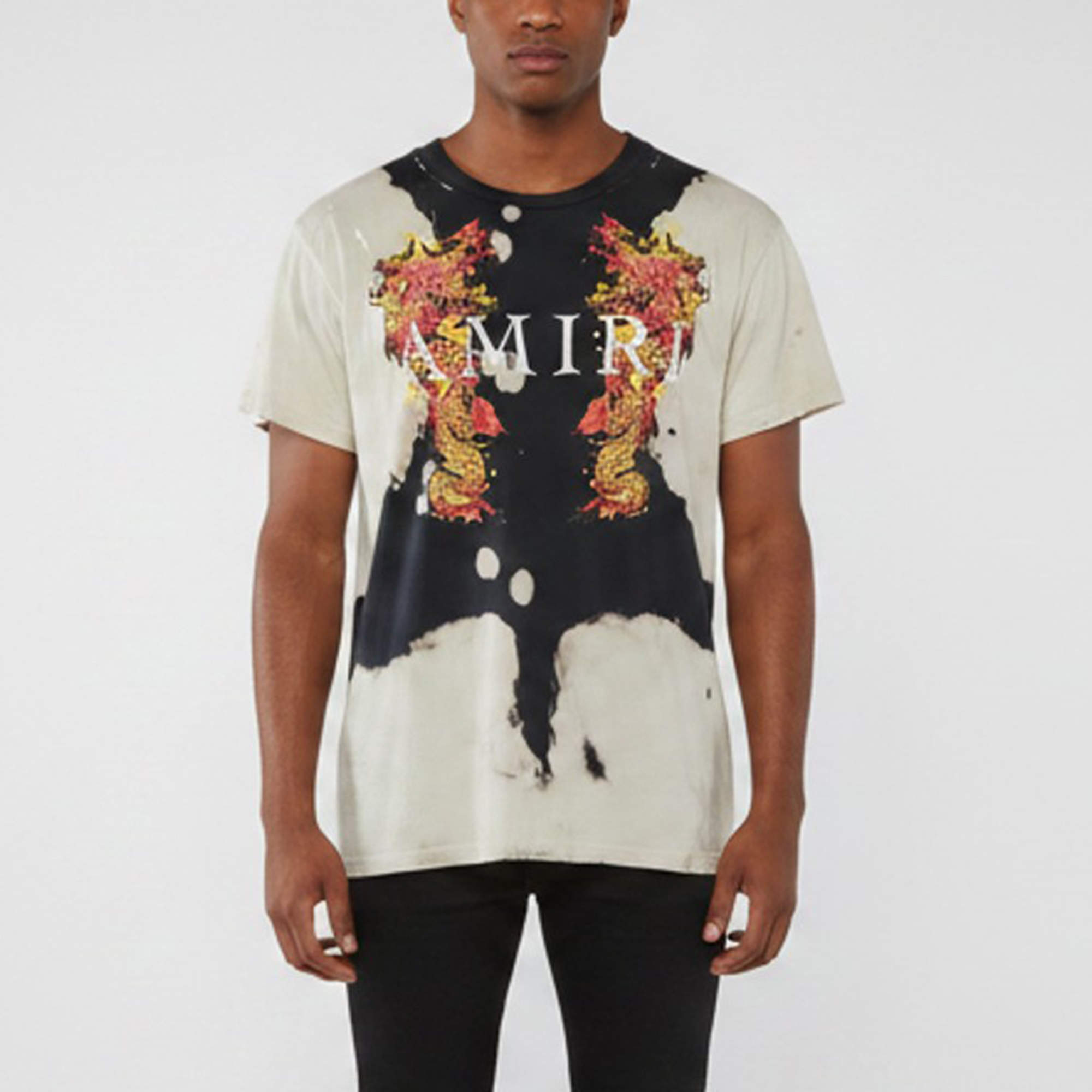 Pre Owned Amiri Beige/Black Watercolor Dragon Distressed Jersey T-Shirt M