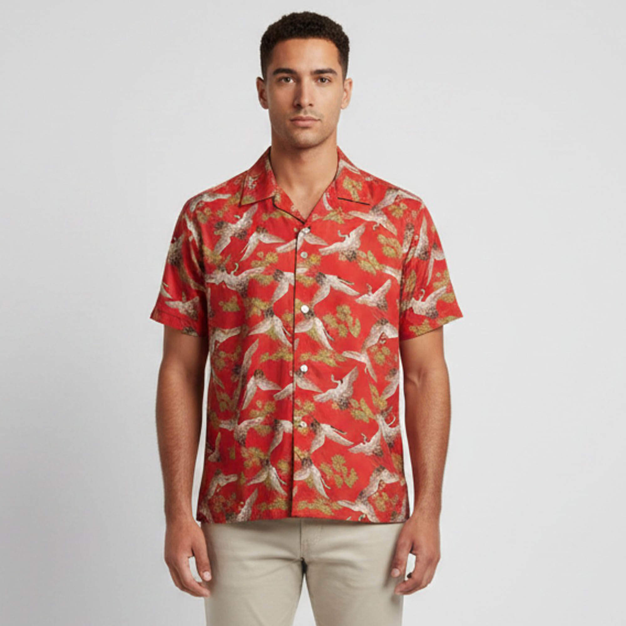 Pre Owned Amiri Brick Red Crane Print Silk Short Sleeve Shirt S