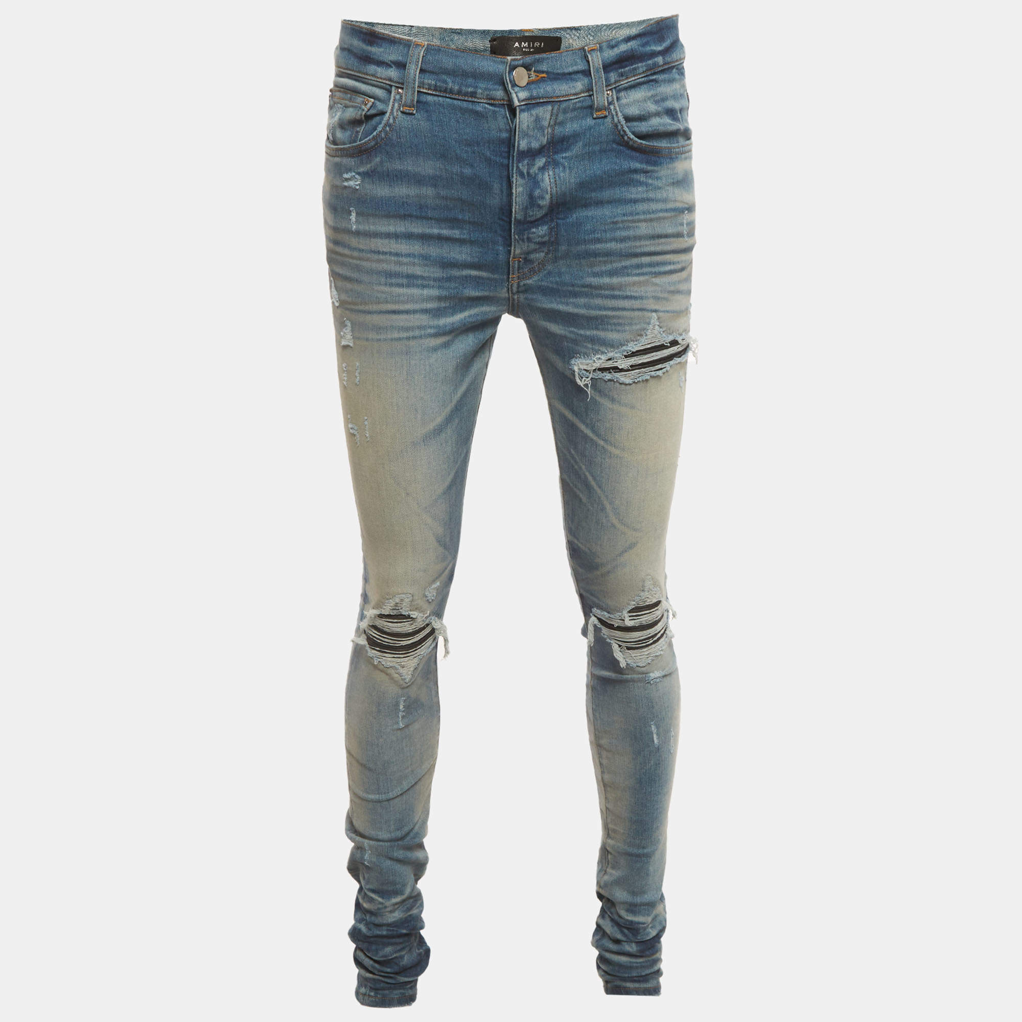 Pre Owned Amiri Blue Distressed Faded Denim Ribbed Skinny Jeans M/Waist 32"