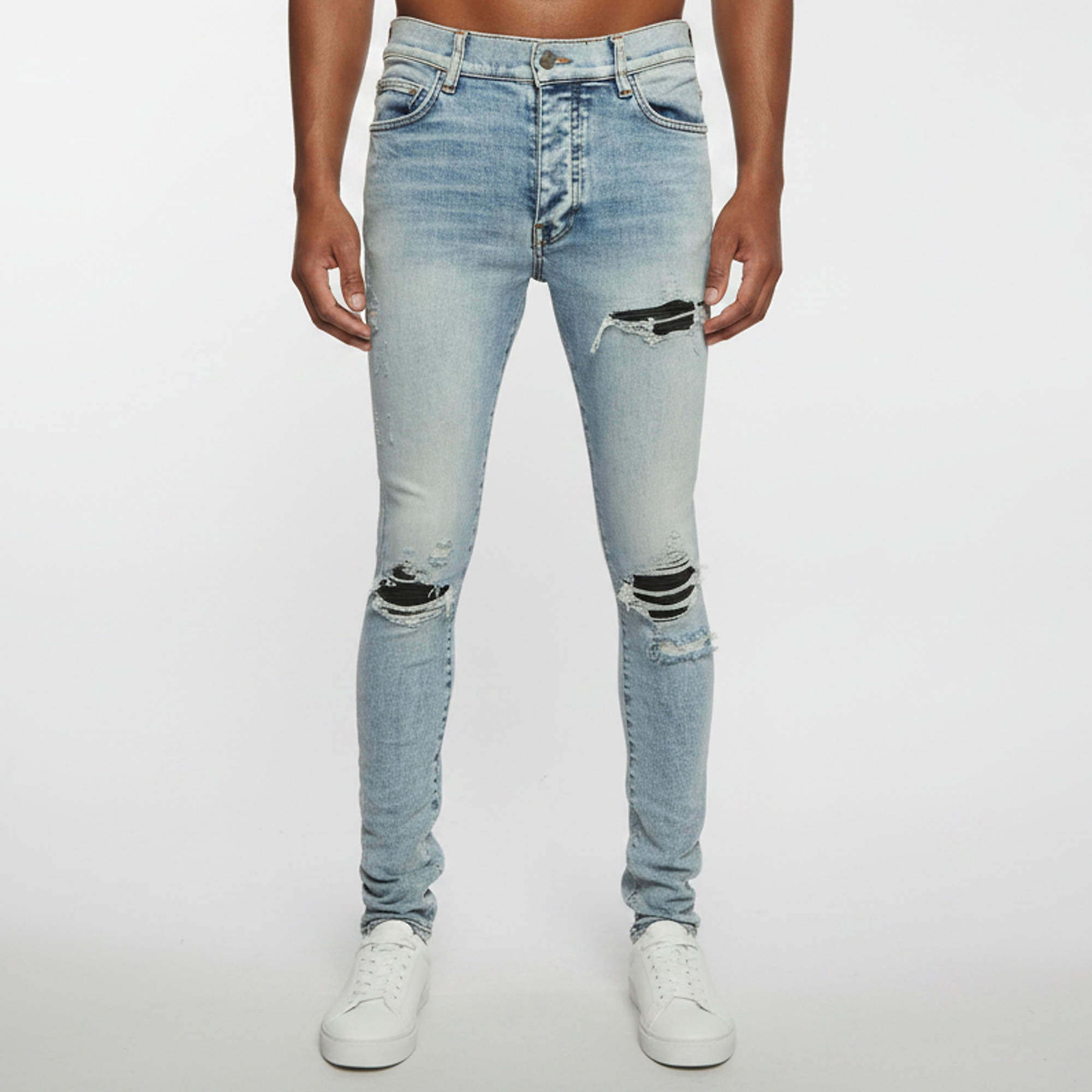 Pre Owned Amiri Blue Distressed Denim Ribbed Skinny Jeans M/Waist 33"