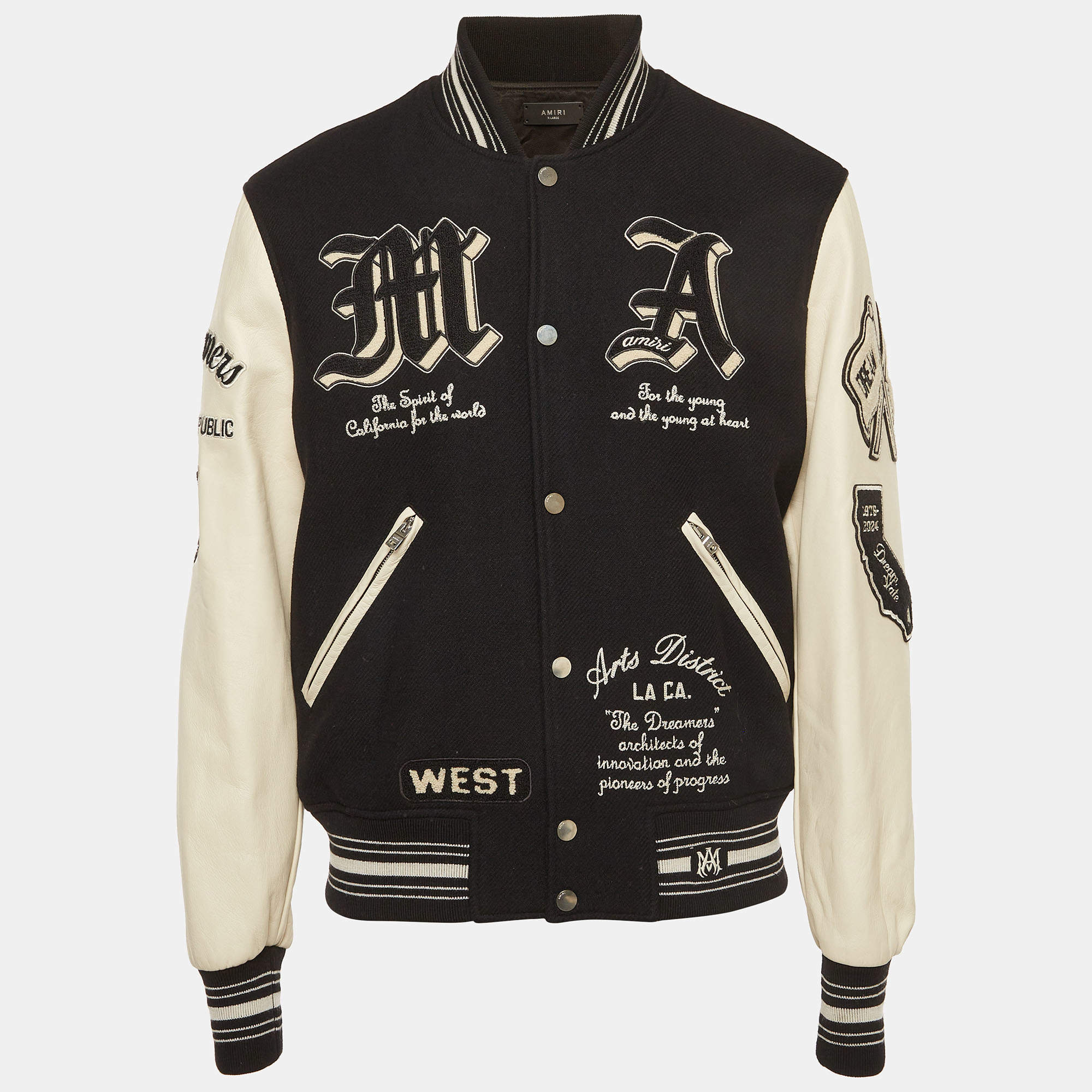Pre Owned Amiri Black Wool Blend and Leather Embellished Varsity Jacket XL