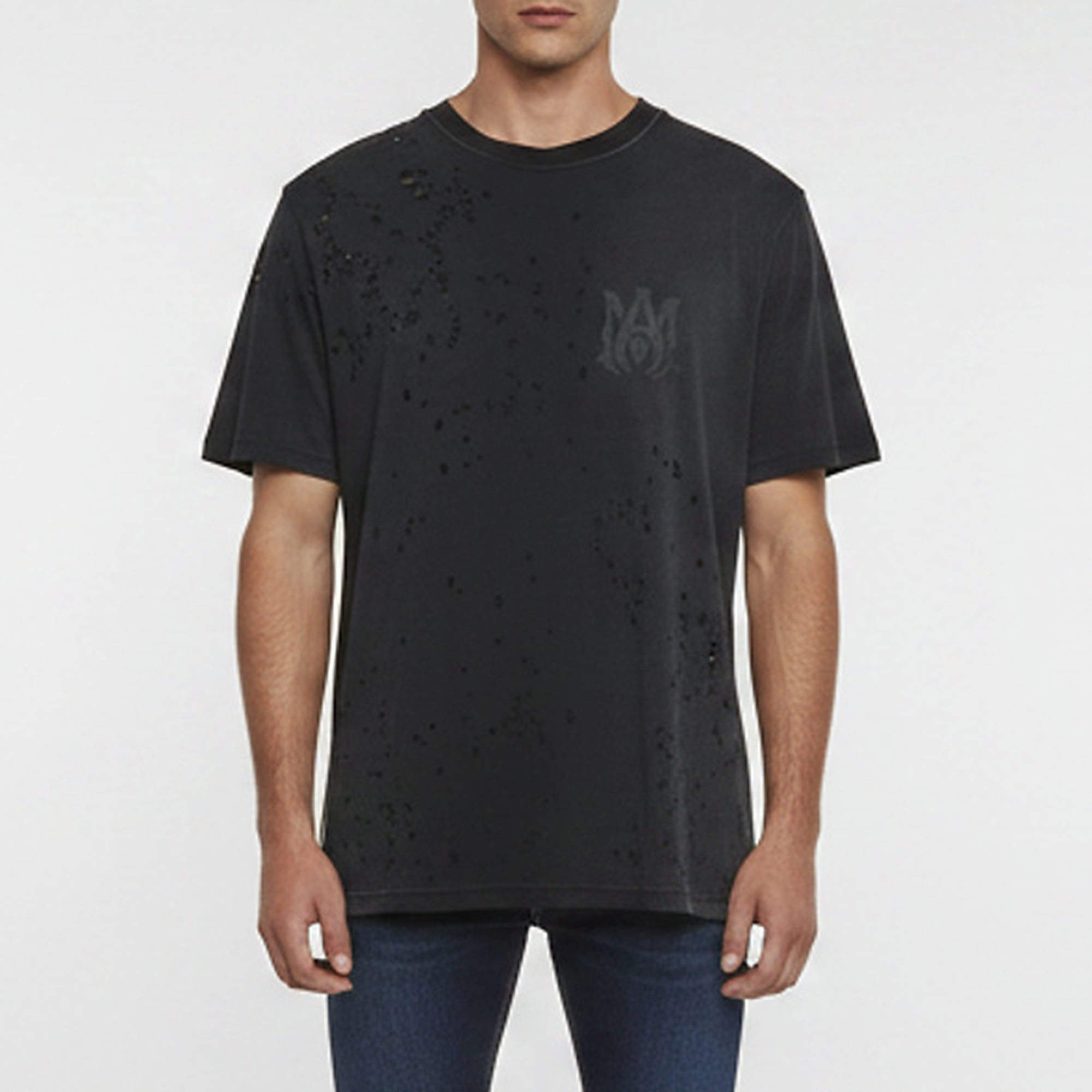 Pre Owned Amiri Black Logo Print Cotton Distressed T-Shirt M